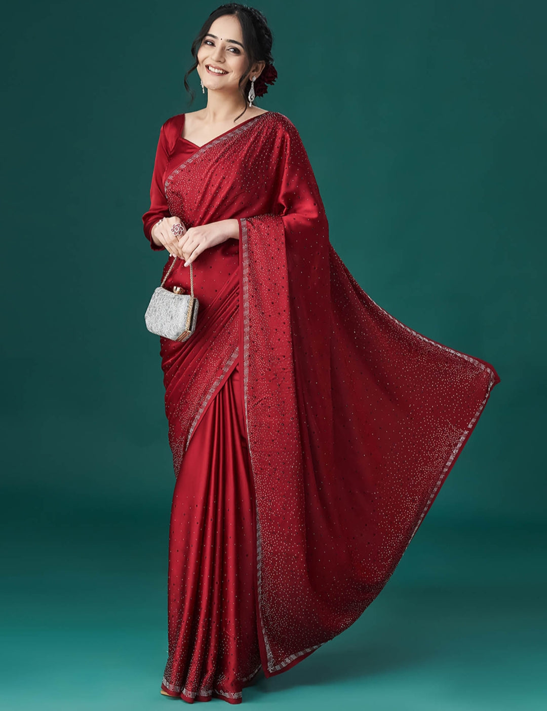 Women's Heavy Satin silk Purple Colors Siroski work Saree with Unstitched Blouse Piece