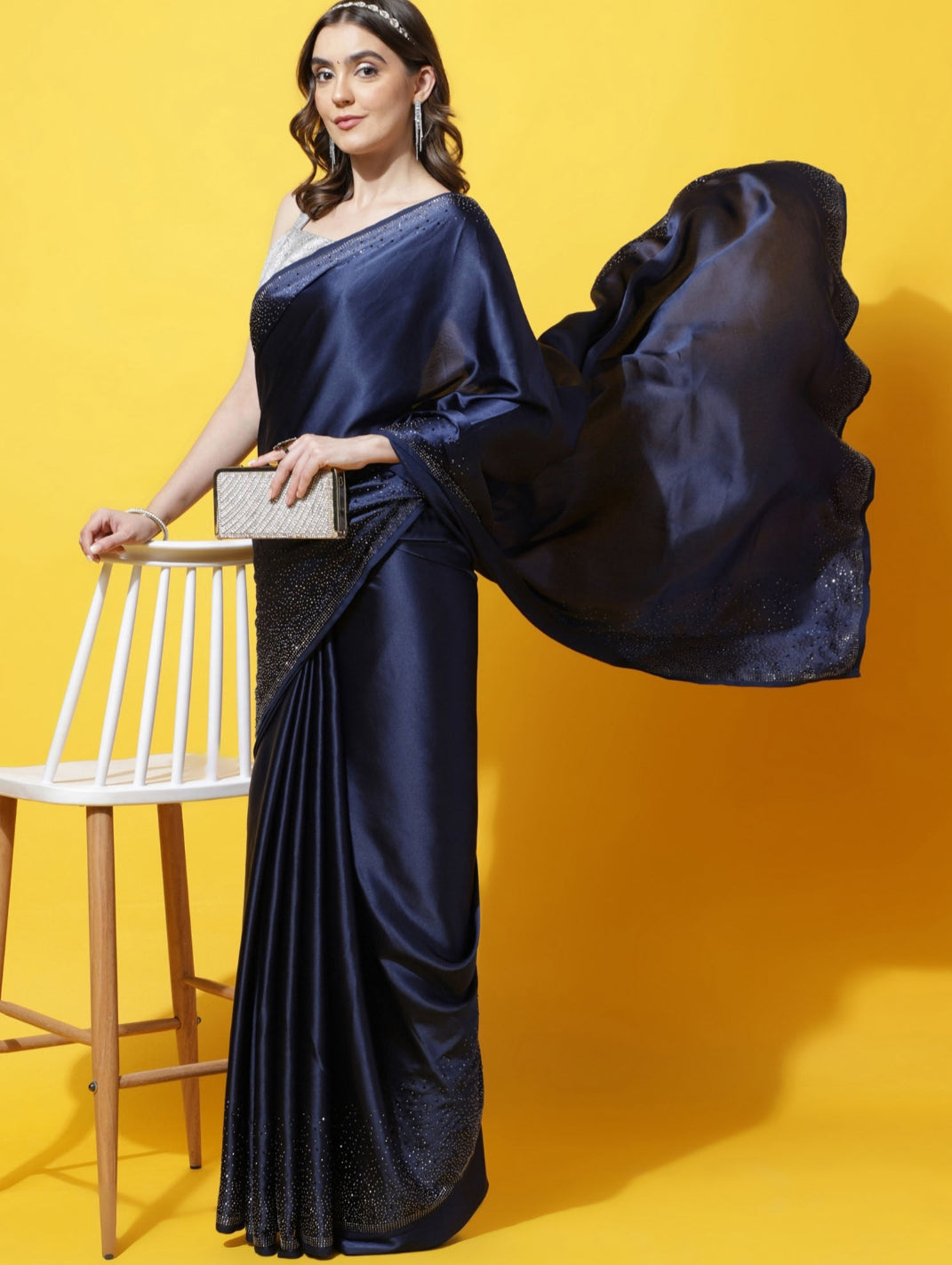Women's Heavy Satin silk Navy Blue Colors Siroski work Saree with Unstitched Blouse Piece