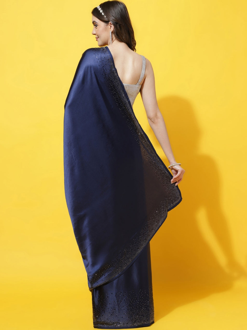 Women's Heavy Satin silk Navy Blue Colors Siroski work Saree with Unstitched Blouse Piece