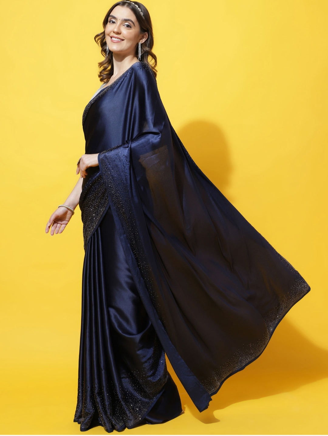 Women's Heavy Satin silk Navy Blue Colors Siroski work Saree with Unstitched Blouse Piece