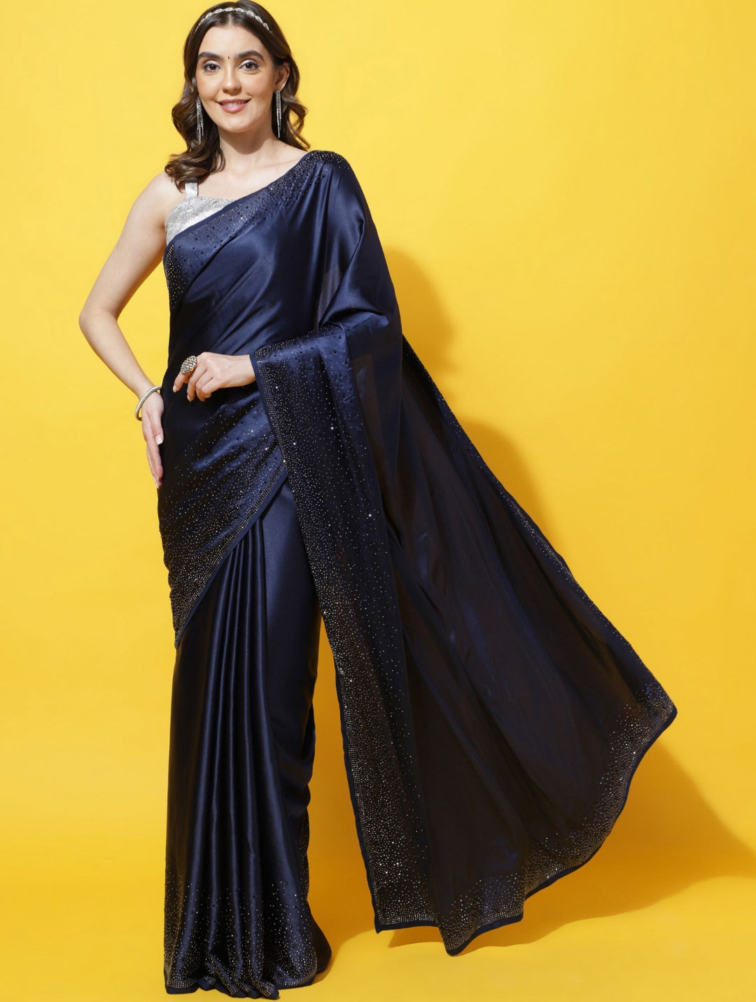 Women's Heavy Satin silk Navy Blue Colors Siroski work Saree with Unstitched Blouse Piece