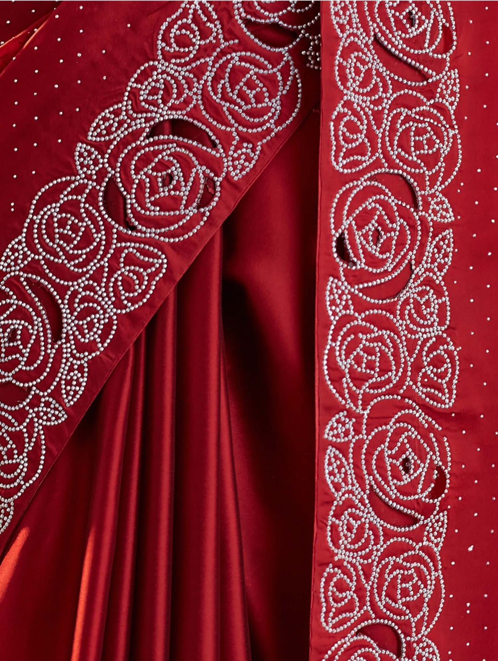 Women's Heavy Satin silk Red Colors Siroski work Cut work Saree with Unstitched Blouse Piece