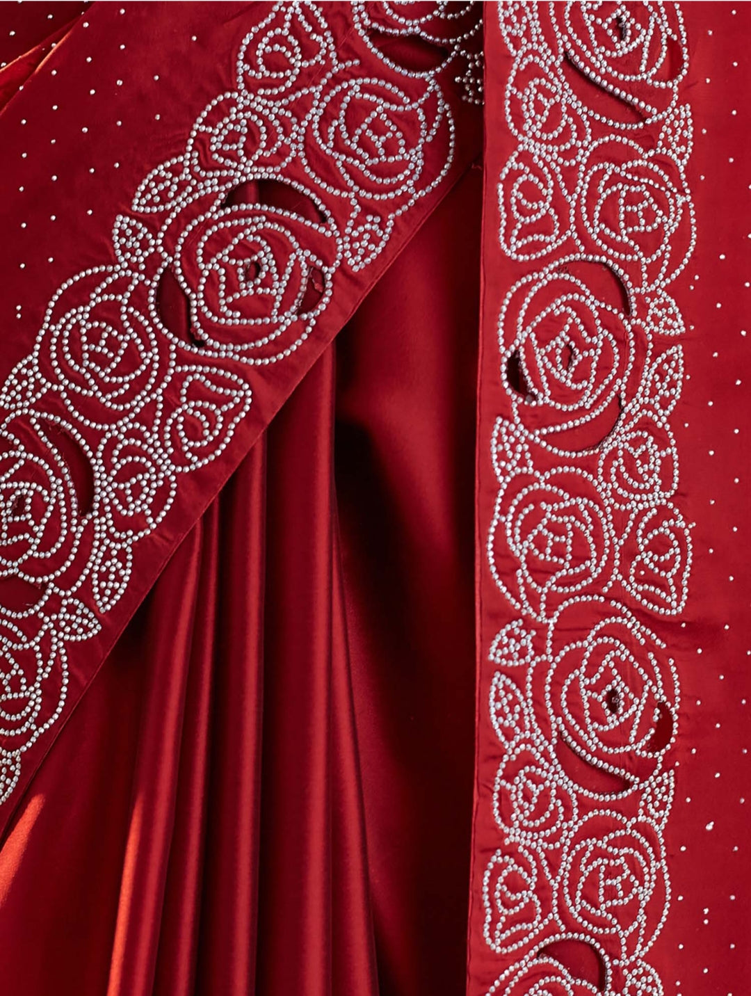 Women's Heavy Satin silk Red Colors Siroski work Cut work Saree with Unstitched Blouse Piece