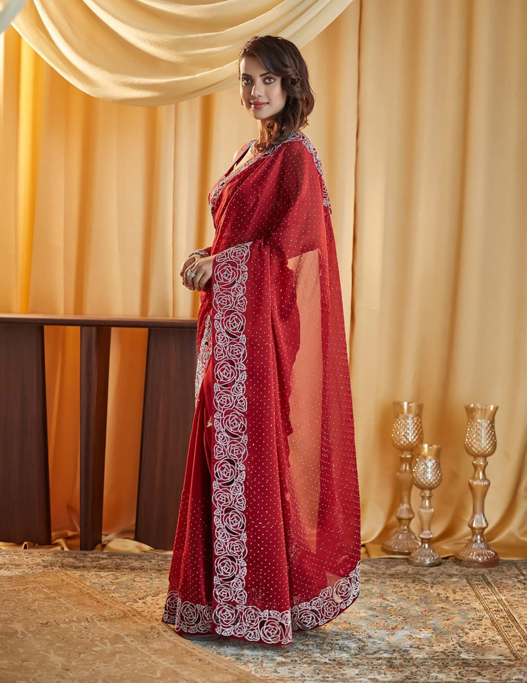 Women's Heavy Satin silk Red Colors Siroski work Cut work Saree with Unstitched Blouse Piece