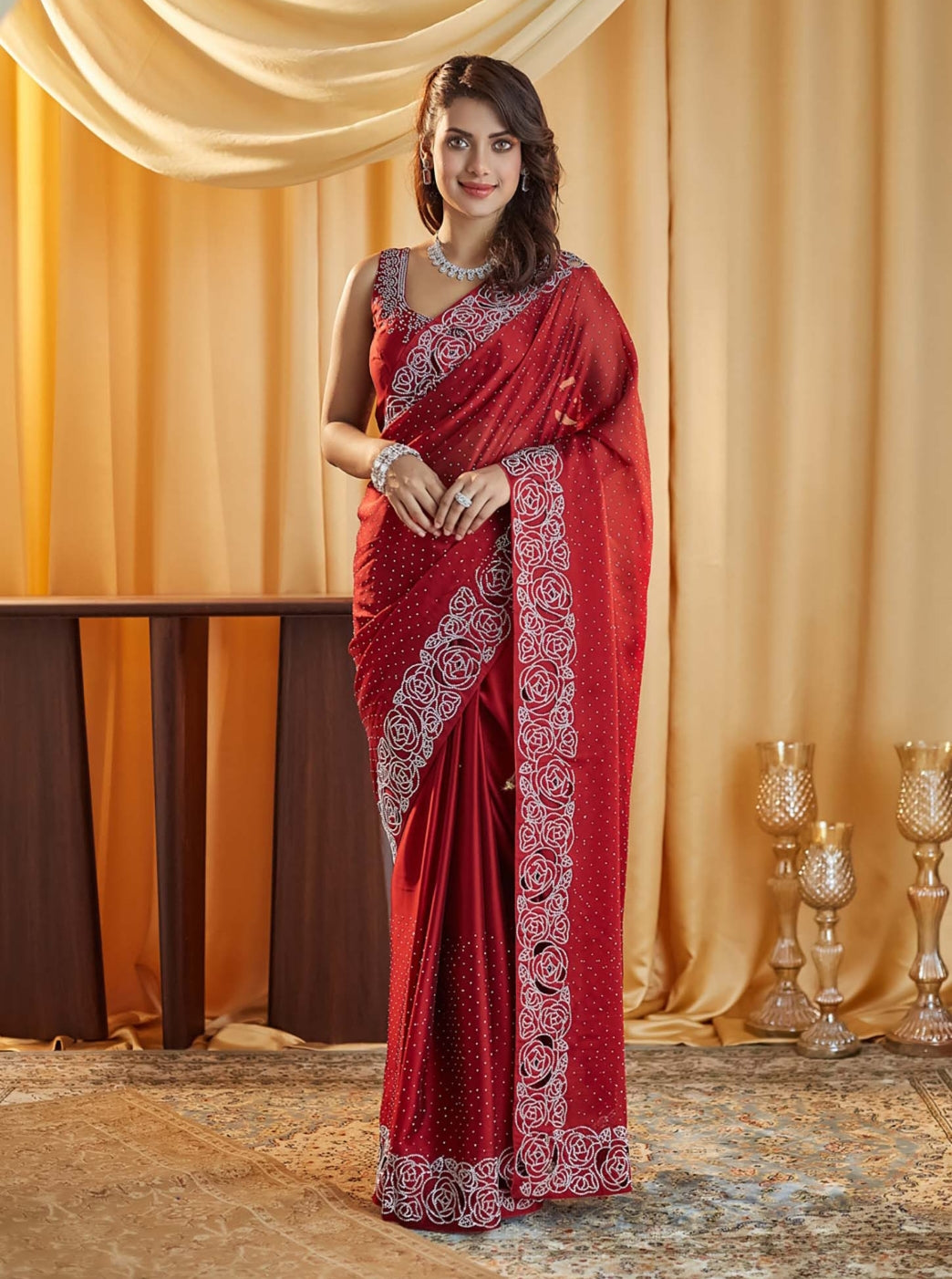 Women's Heavy Satin silk Red Colors Siroski work Cut work Saree with Unstitched Blouse Piece