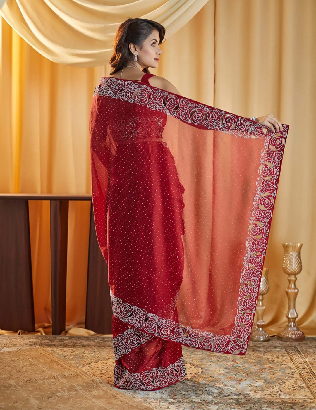 Women's Heavy Satin silk Red Colors Siroski work Cut work Saree with Unstitched Blouse Piece