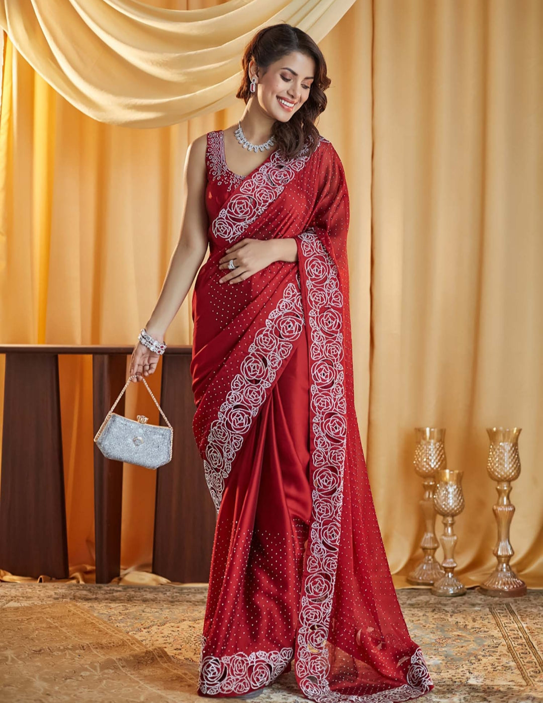 Women's Heavy Satin silk Red Colors Siroski work Cut work Saree with Unstitched Blouse Piece