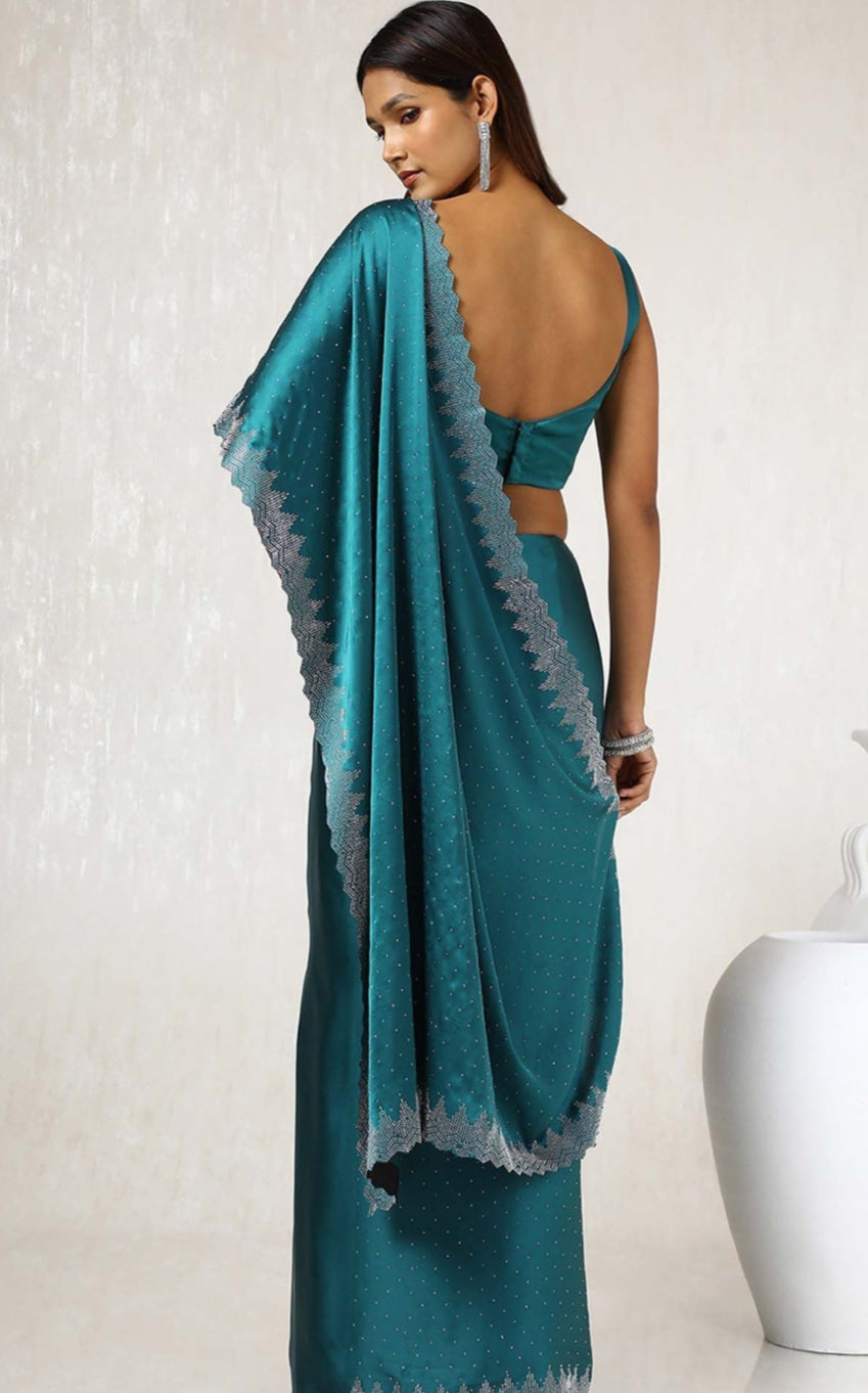 Women's Heavy Satin silk Teal blue Colors Siroski work Cut work Saree with Unstitched Blouse Piece