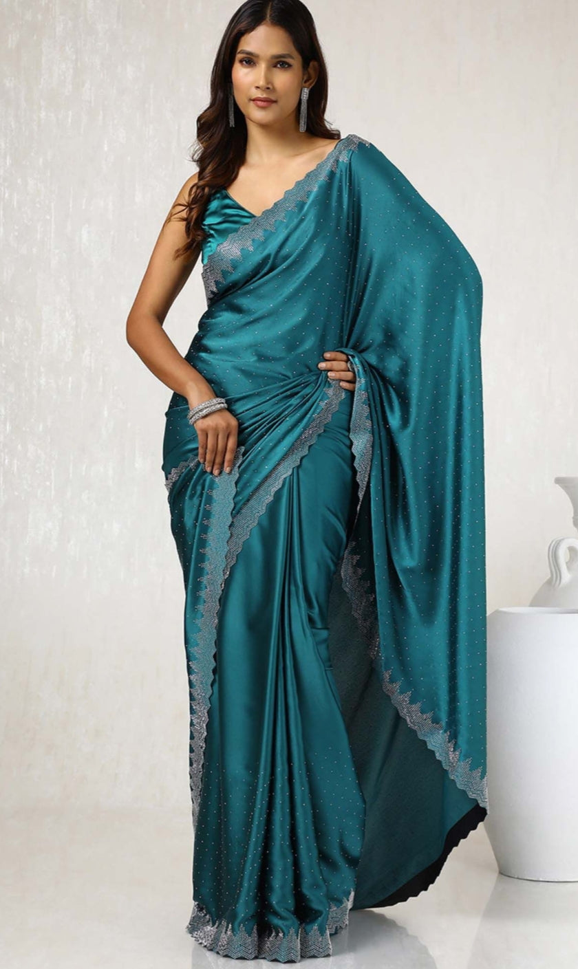 Women's Heavy Satin silk Teal blue Colors Siroski work Cut work Saree with Unstitched Blouse Piece