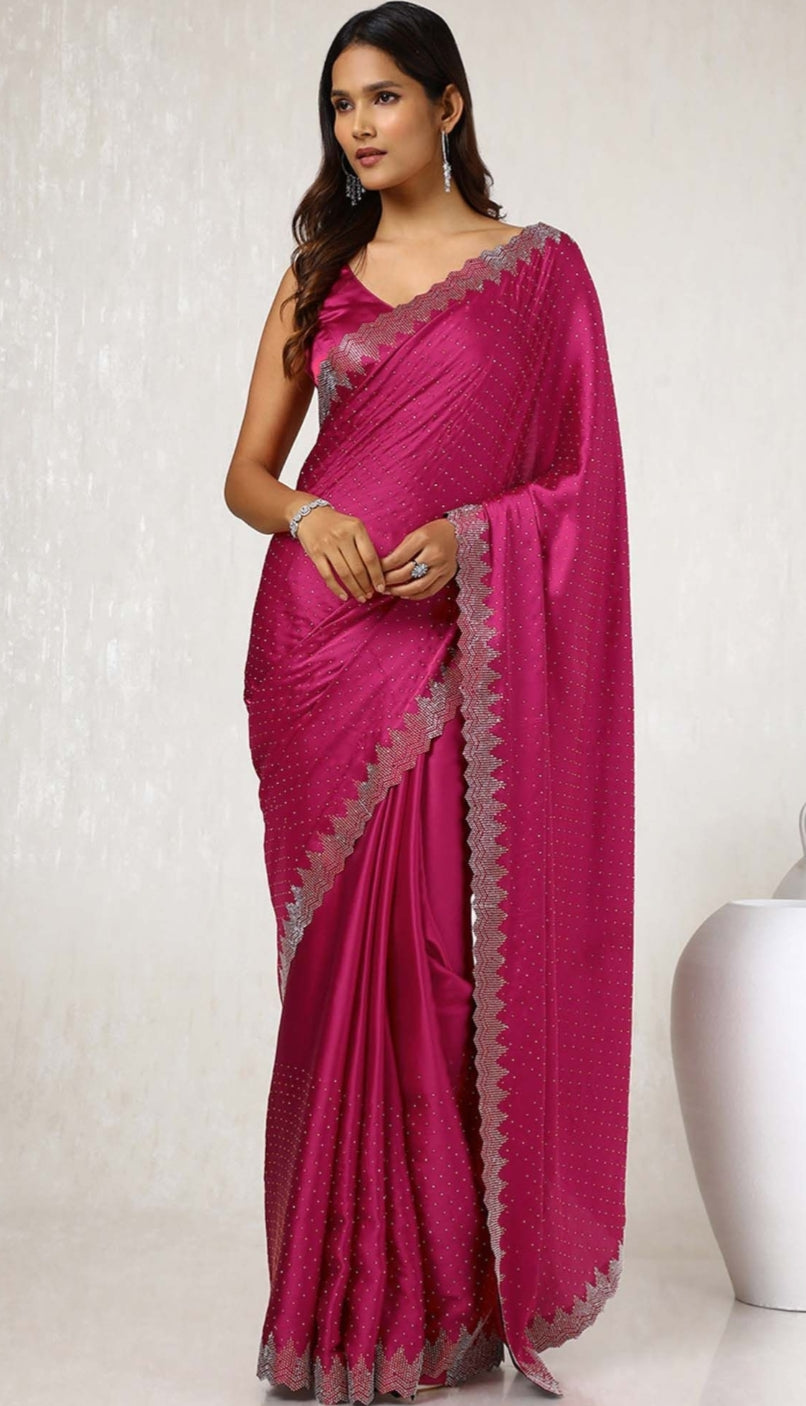 Women's Heavy Satin silk Teal blue Colors Siroski work Cut work Saree with Unstitched Blouse Piece