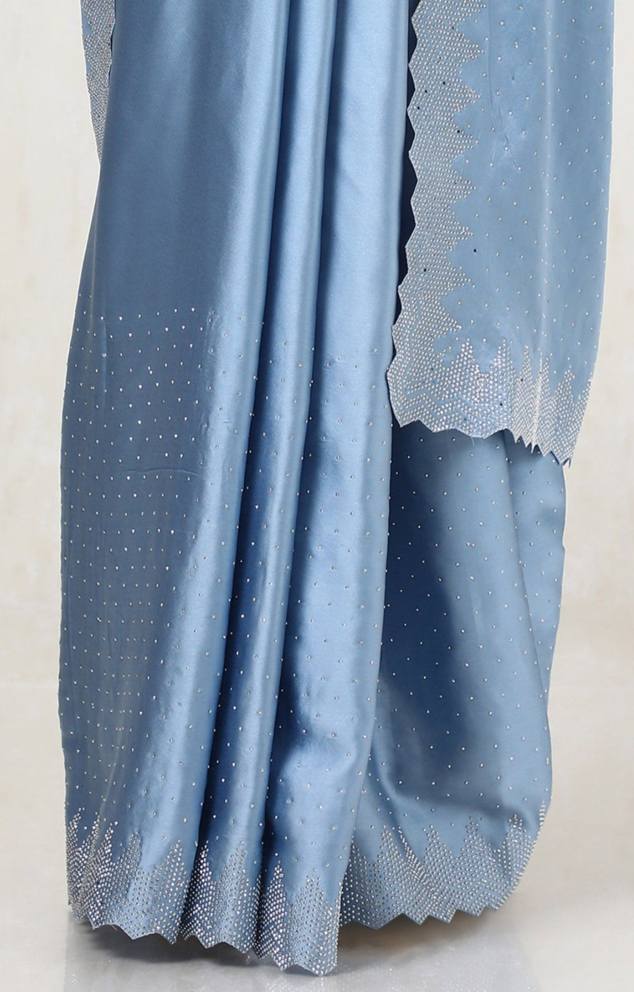 Women's Heavy Satin silk Teal blue Colors Siroski work Cut work Saree with Unstitched Blouse Piece