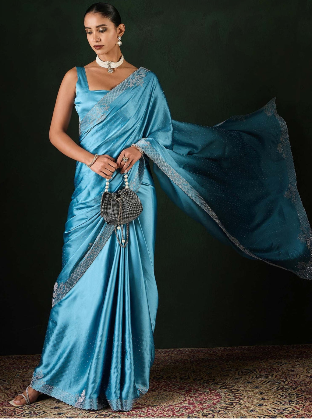 Women's Heavy Satin silk Grey Colors Siroski work Cut work Saree with Unstitched Blouse Piece
