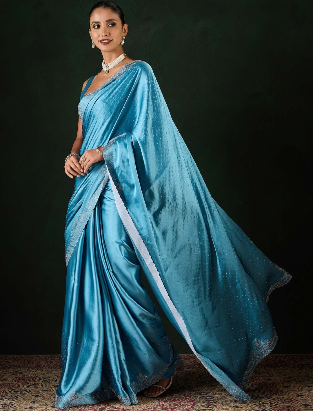 Women's Heavy Satin silk Grey Colors Siroski work Cut work Saree with Unstitched Blouse Piece