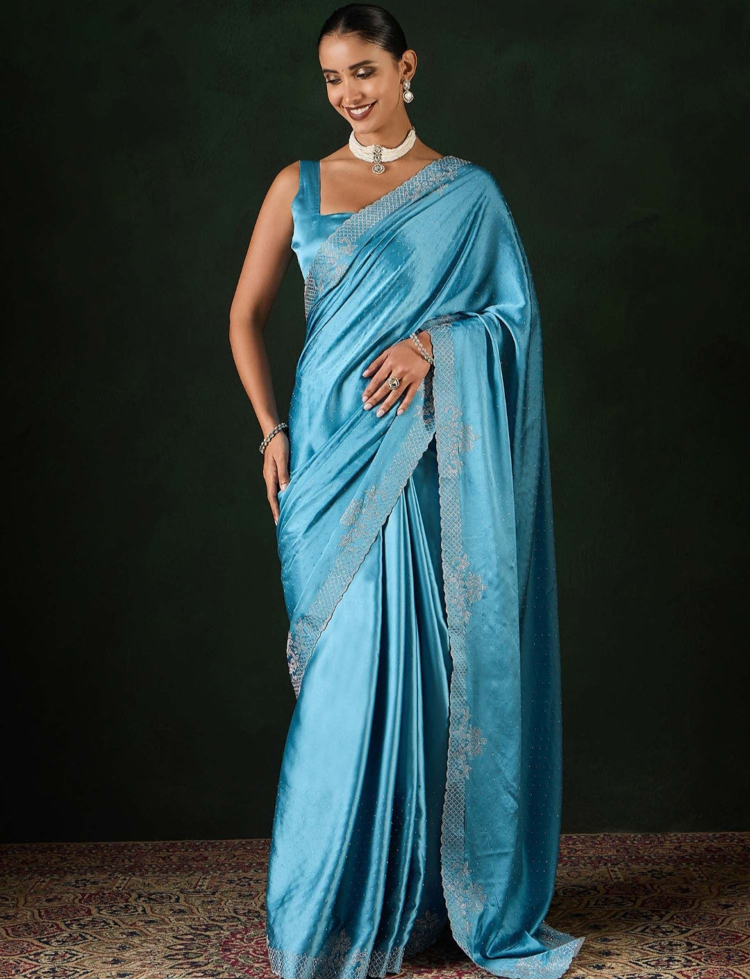 Women's Heavy Satin silk Grey Colors Siroski work Cut work Saree with Unstitched Blouse Piece