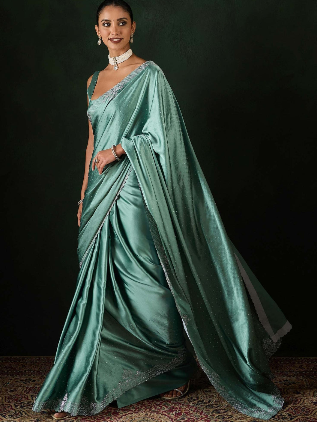 Women's Heavy Satin silk Teal blue Colors Siroski work Cut work Saree with Unstitched Blouse Piece