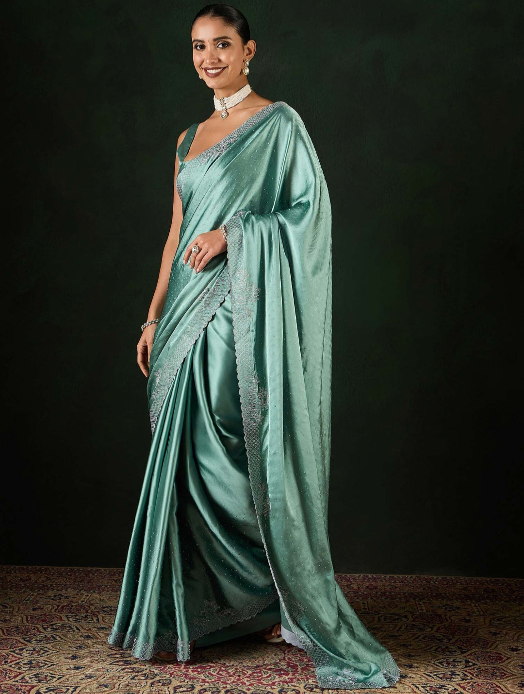 Women's Heavy Satin silk Teal blue Colors Siroski work Cut work Saree with Unstitched Blouse Piece
