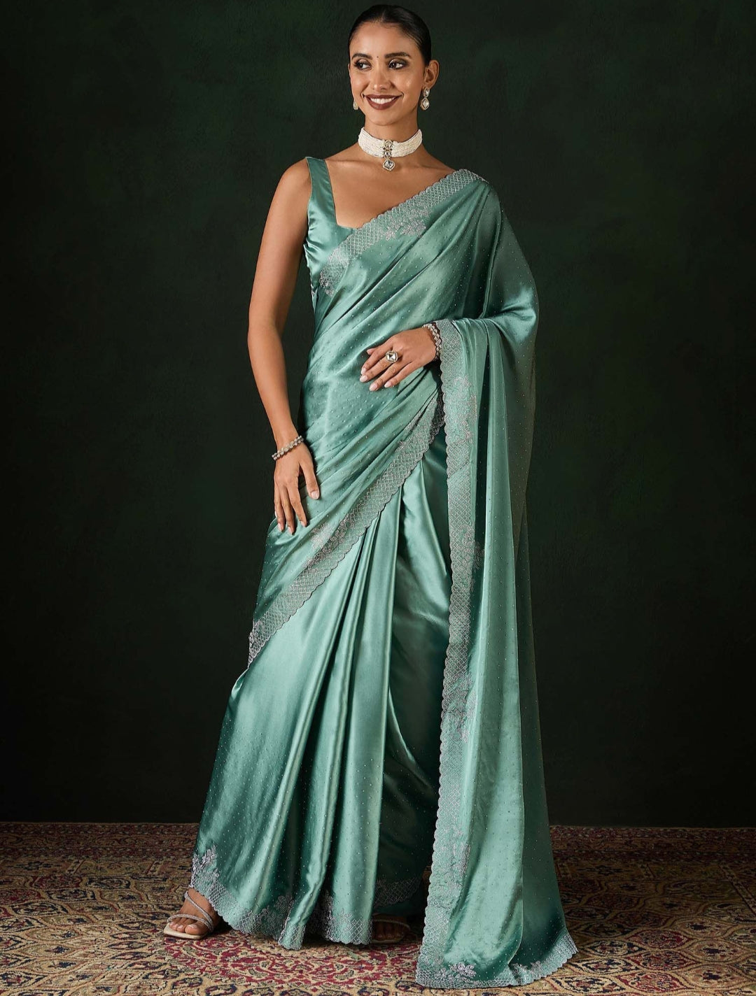 Women's Heavy Satin silk Teal blue Colors Siroski work Cut work Saree with Unstitched Blouse Piece