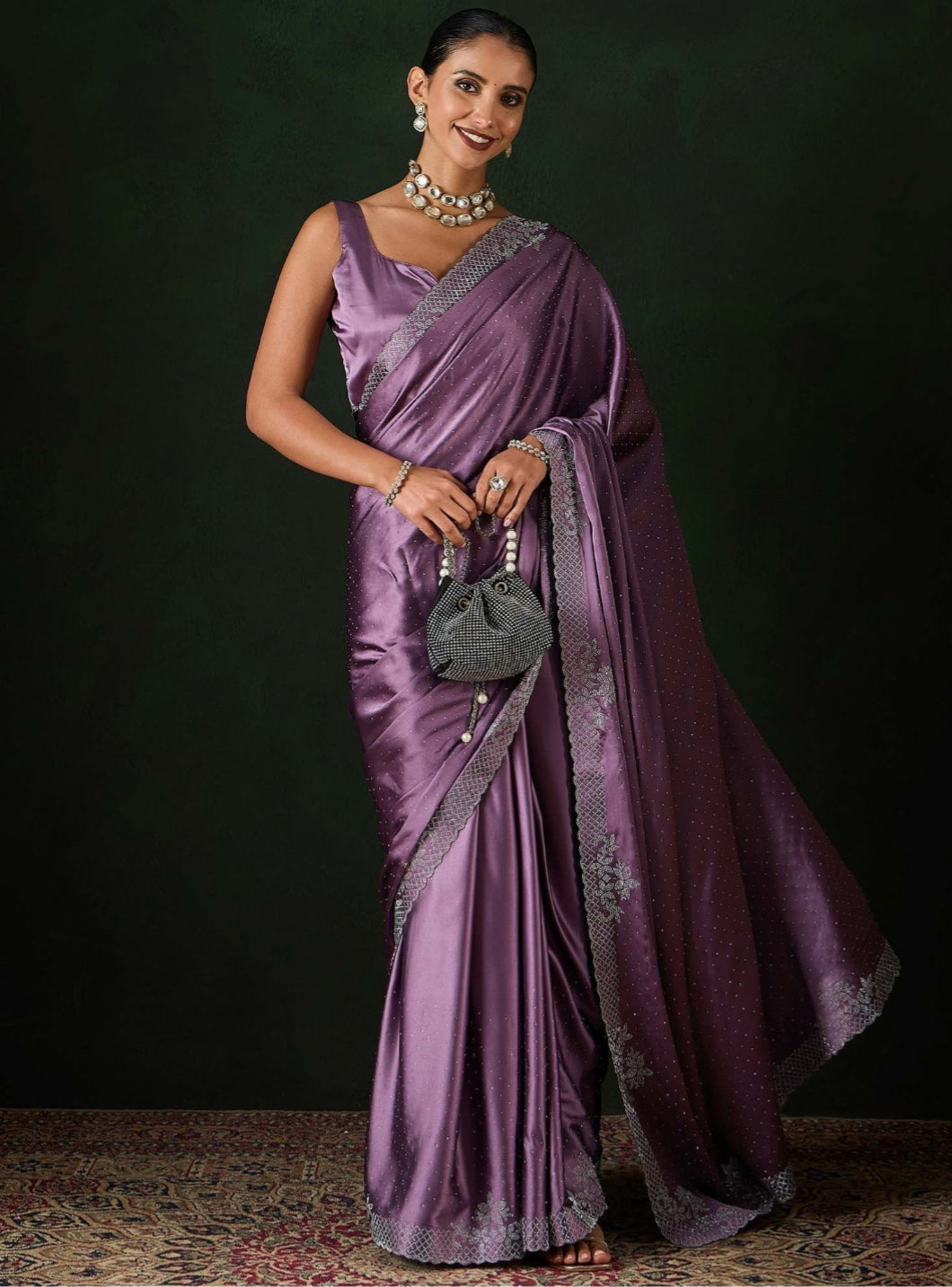 Women's Heavy Satin silk Grey Colors Siroski work Cut work Saree with Unstitched Blouse Piece