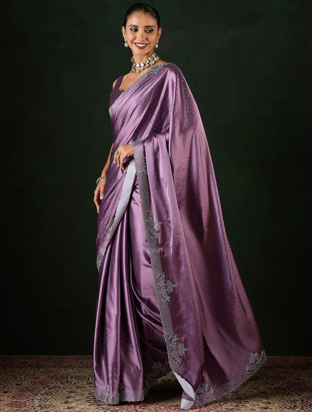 Women's Heavy Satin silk Grey Colors Siroski work Cut work Saree with Unstitched Blouse Piece