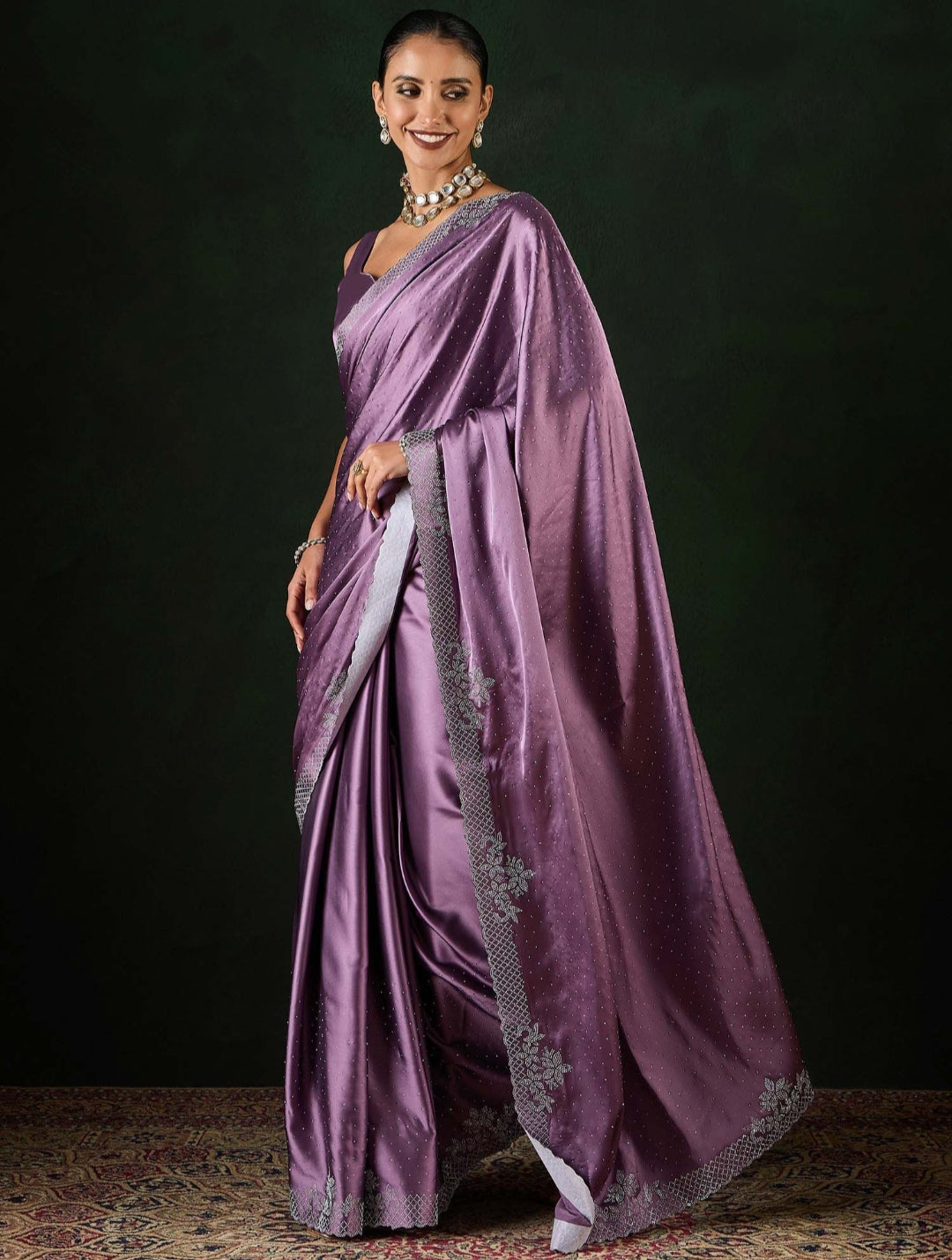Women's Heavy Satin silk Grey Colors Siroski work Cut work Saree with Unstitched Blouse Piece