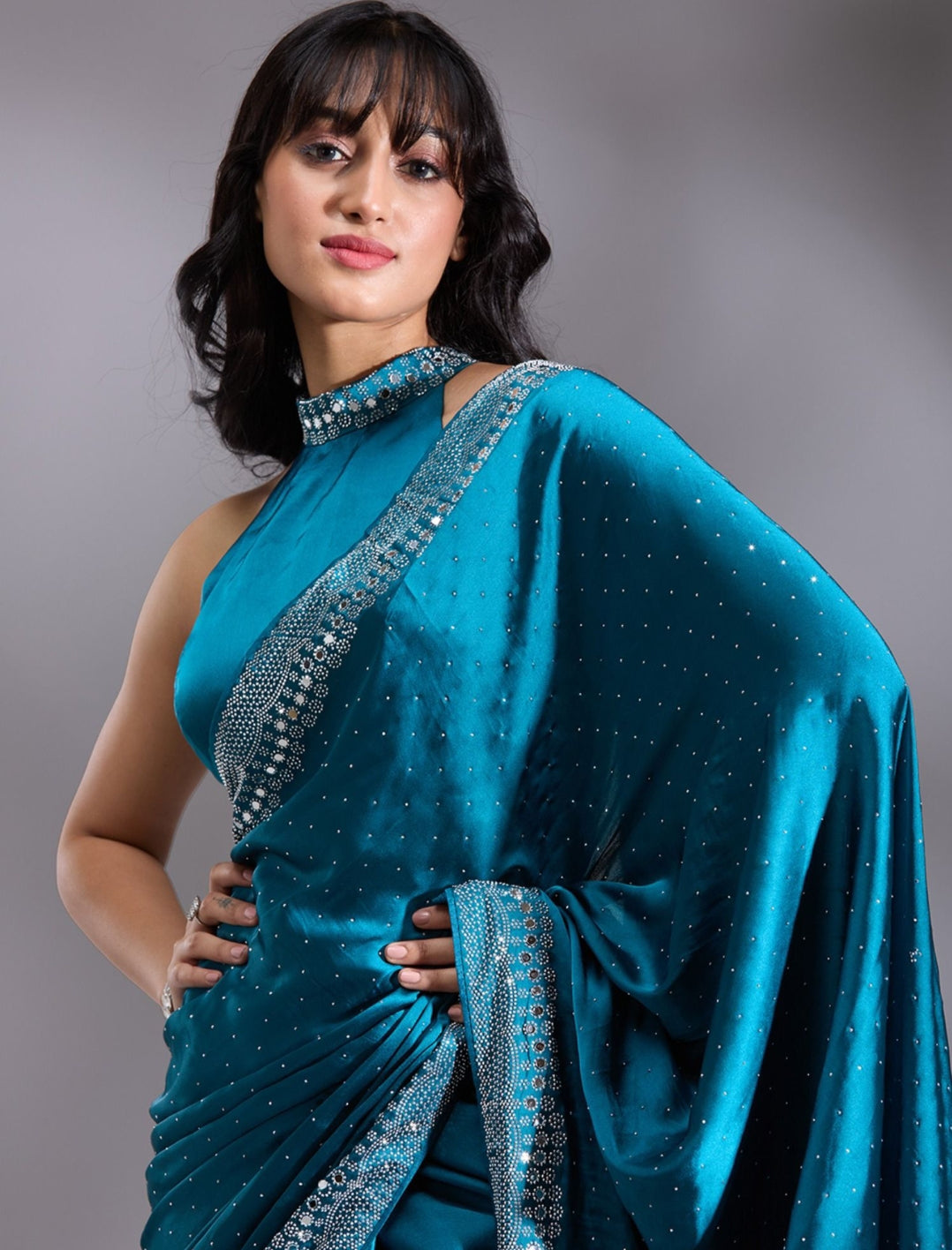 Women's Heavy Satin silk Teal Colors Siroski work Cut work Saree with Mirror work & Unstitched Blouse Piece