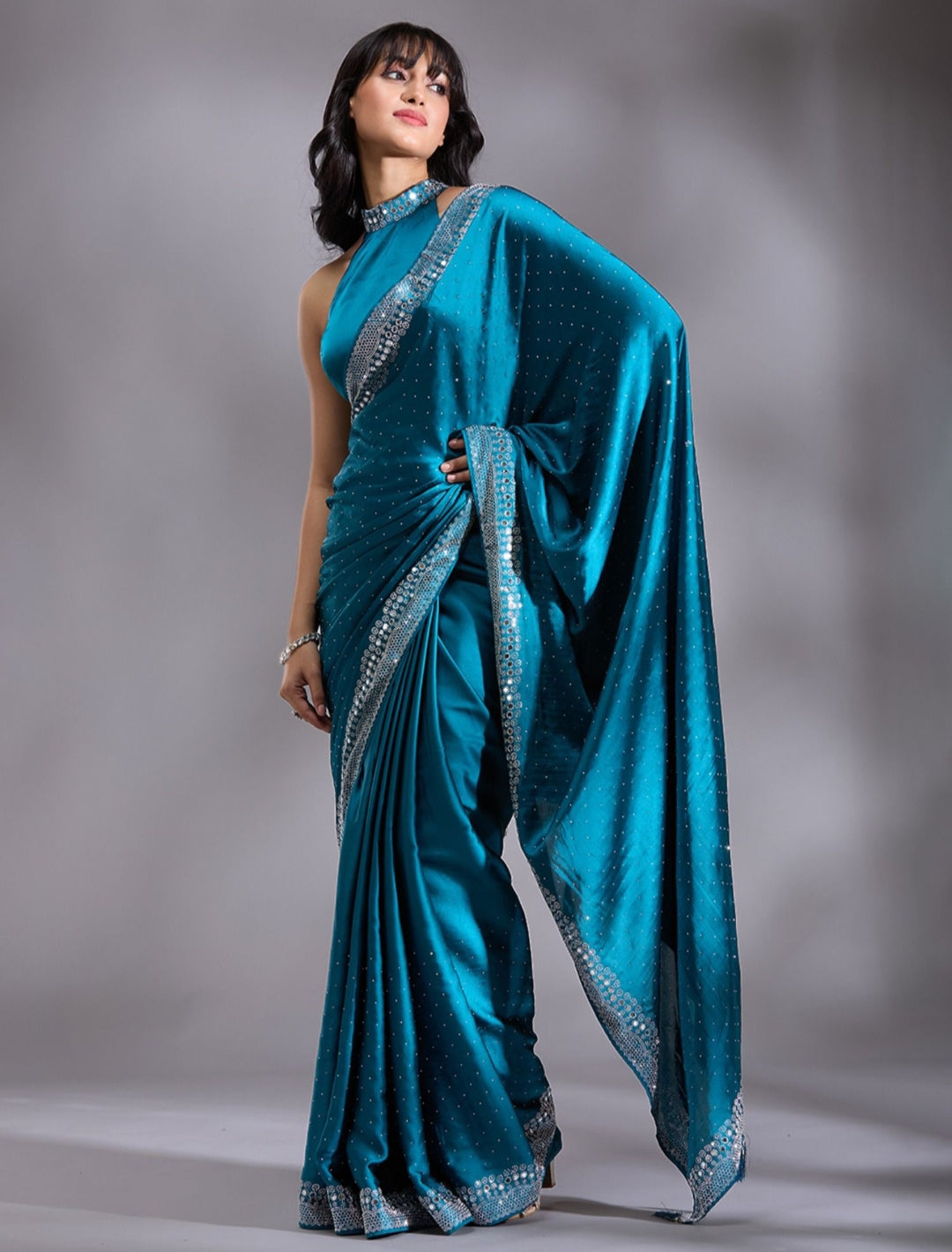 Women's Heavy Satin silk Teal Colors Siroski work Cut work Saree with Mirror work & Unstitched Blouse Piece