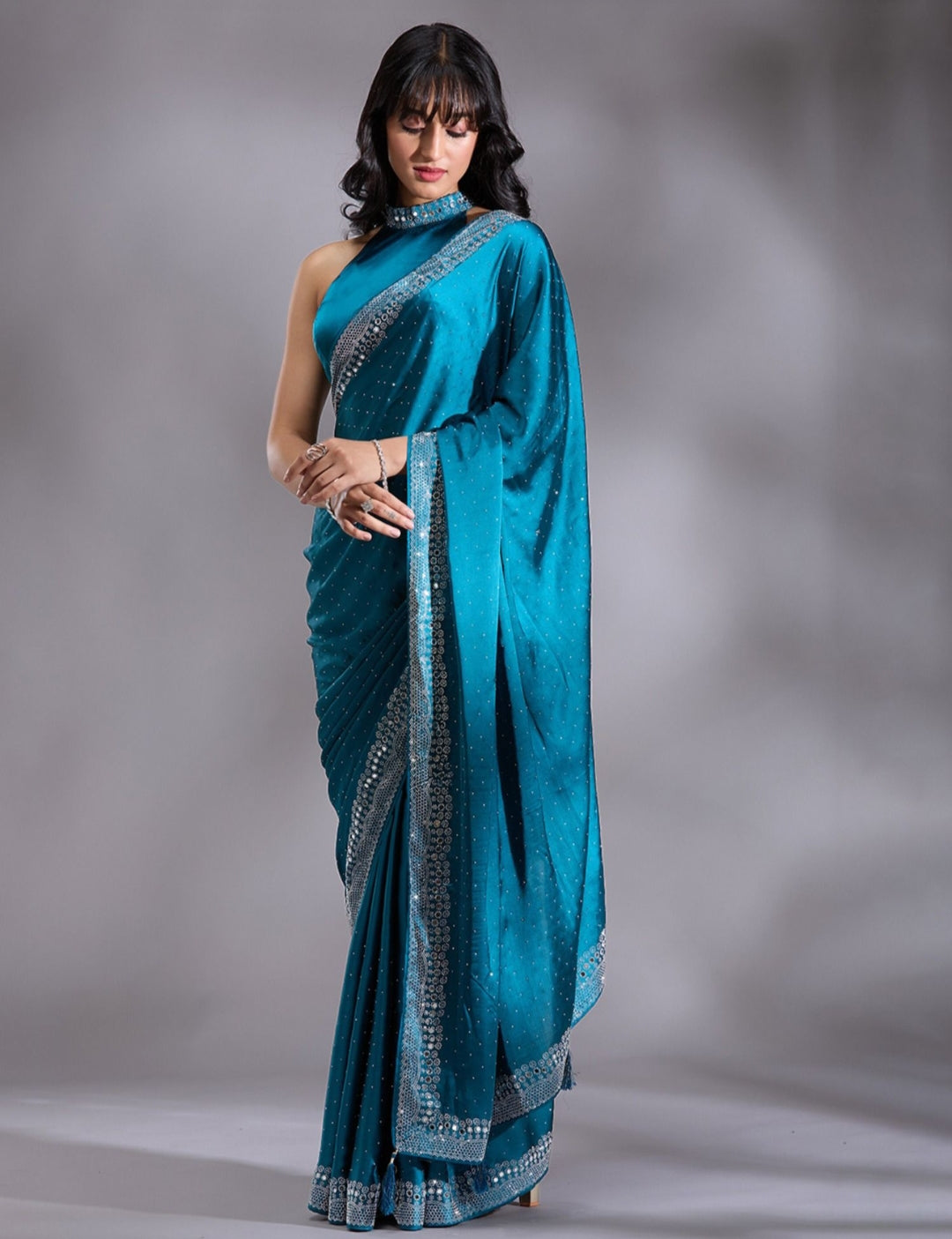 Women's Heavy Satin silk Teal Colors Siroski work Cut work Saree with Mirror work & Unstitched Blouse Piece
