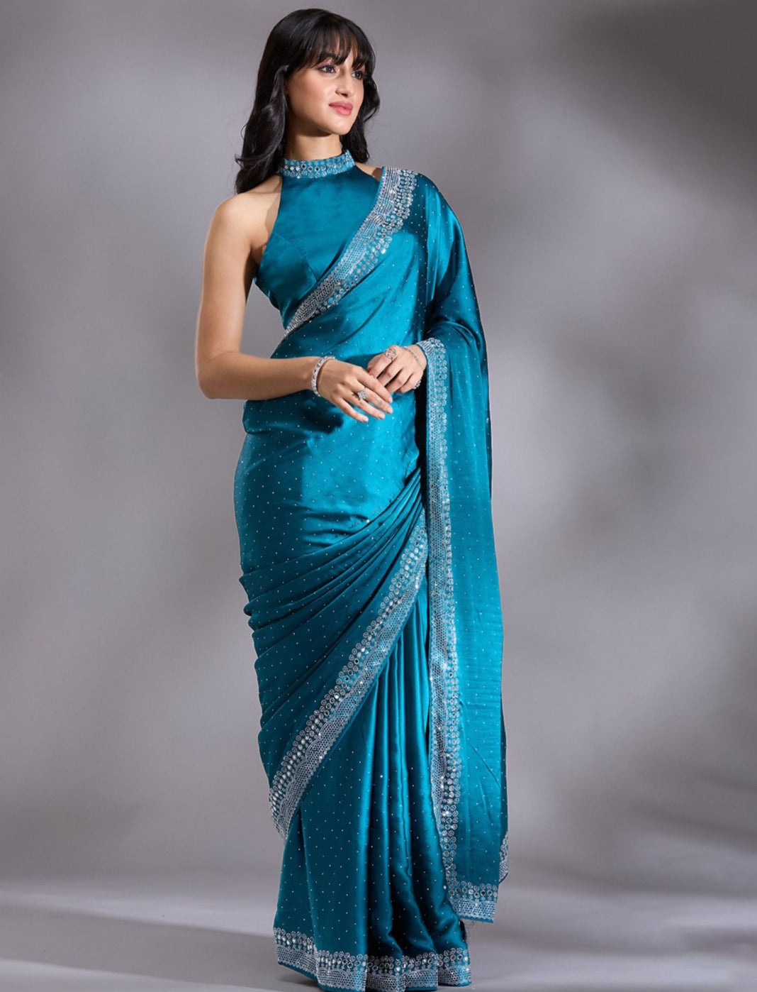 Women's Heavy Satin silk Teal Colors Siroski work Cut work Saree with Mirror work & Unstitched Blouse Piece