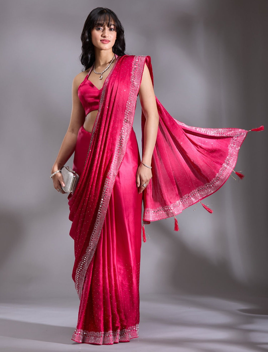 Women's Heavy Satin silk Teal Colors Siroski work Cut work Saree with Mirror work & Unstitched Blouse Piece