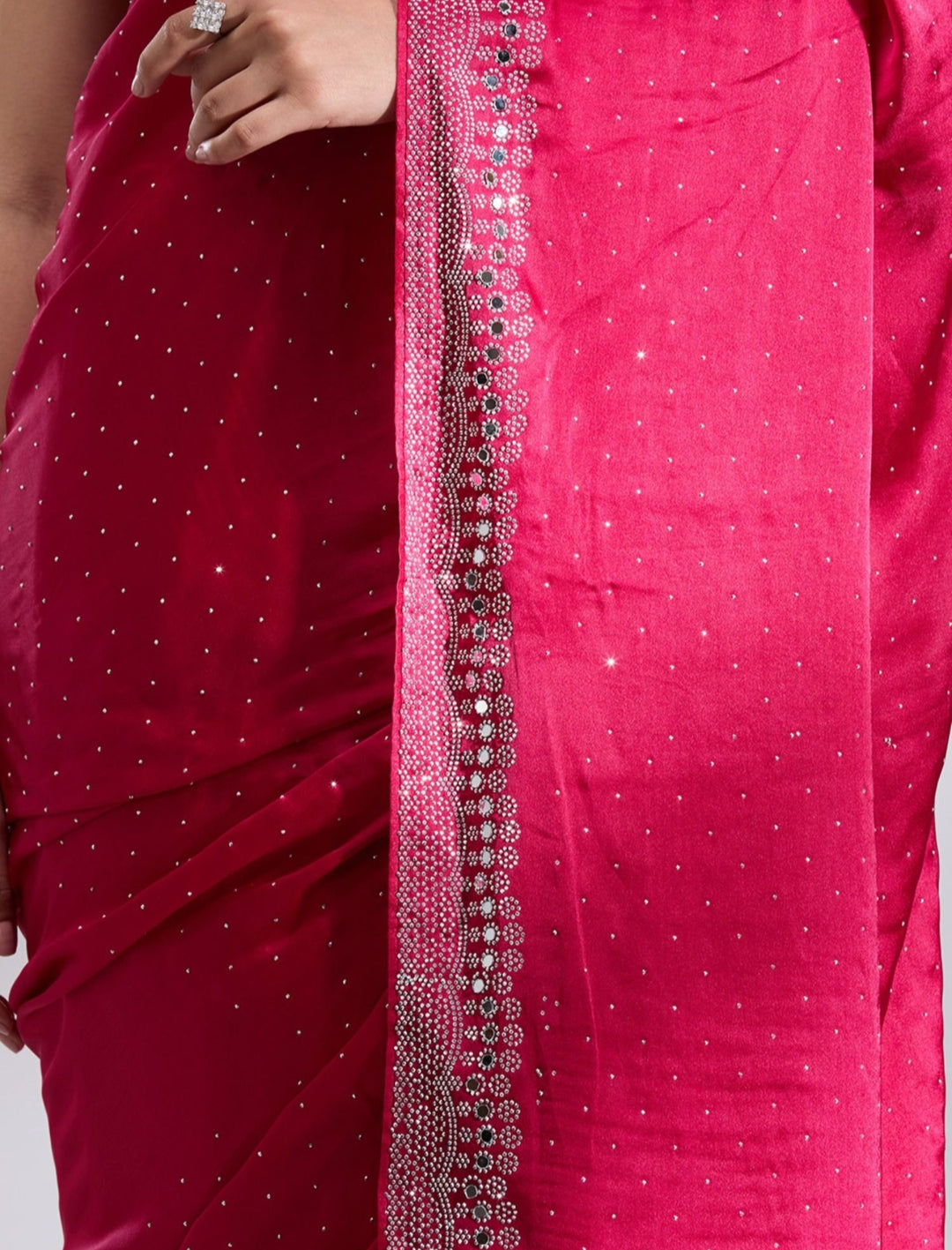 Women's Heavy Satin silk Teal Colors Siroski work Cut work Saree with Mirror work & Unstitched Blouse Piece