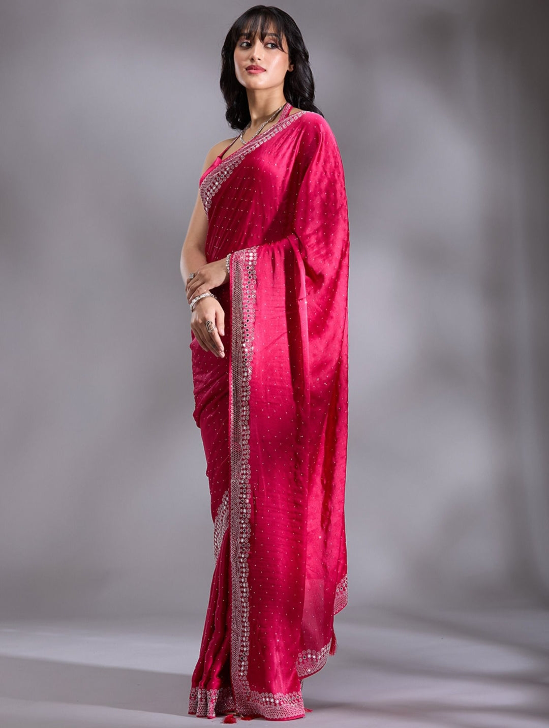 Women's Heavy Satin silk Teal Colors Siroski work Cut work Saree with Mirror work & Unstitched Blouse Piece