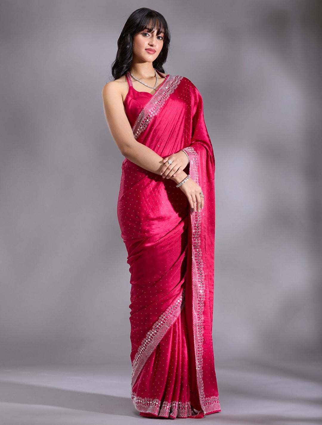 Women's Heavy Satin silk Teal Colors Siroski work Cut work Saree with Mirror work & Unstitched Blouse Piece