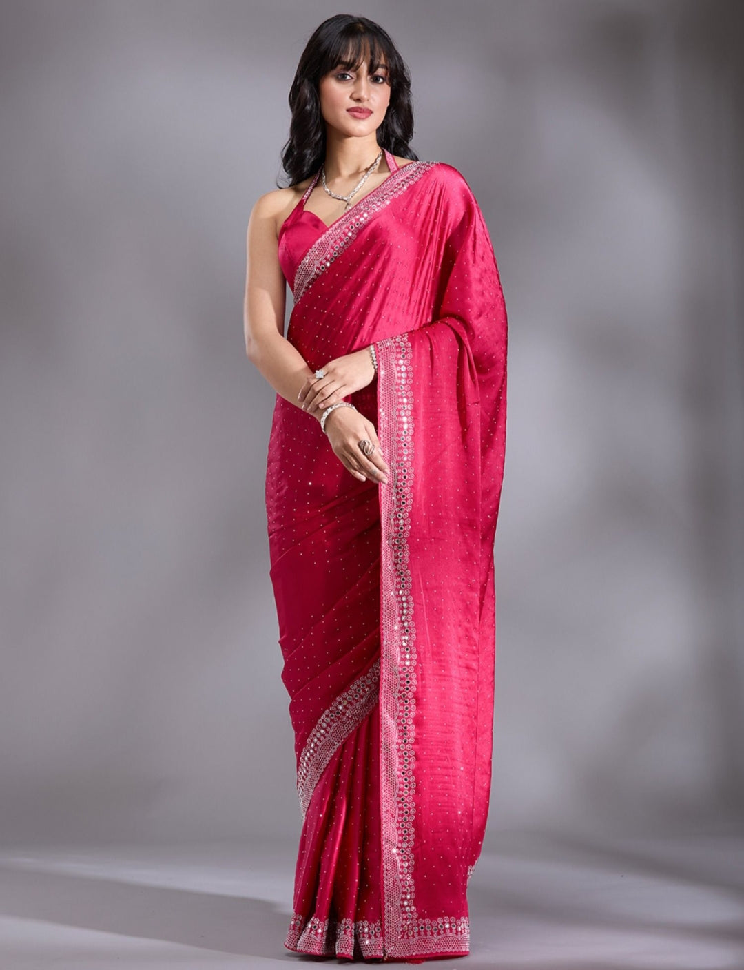 Women's Heavy Satin silk Teal Colors Siroski work Cut work Saree with Mirror work & Unstitched Blouse Piece