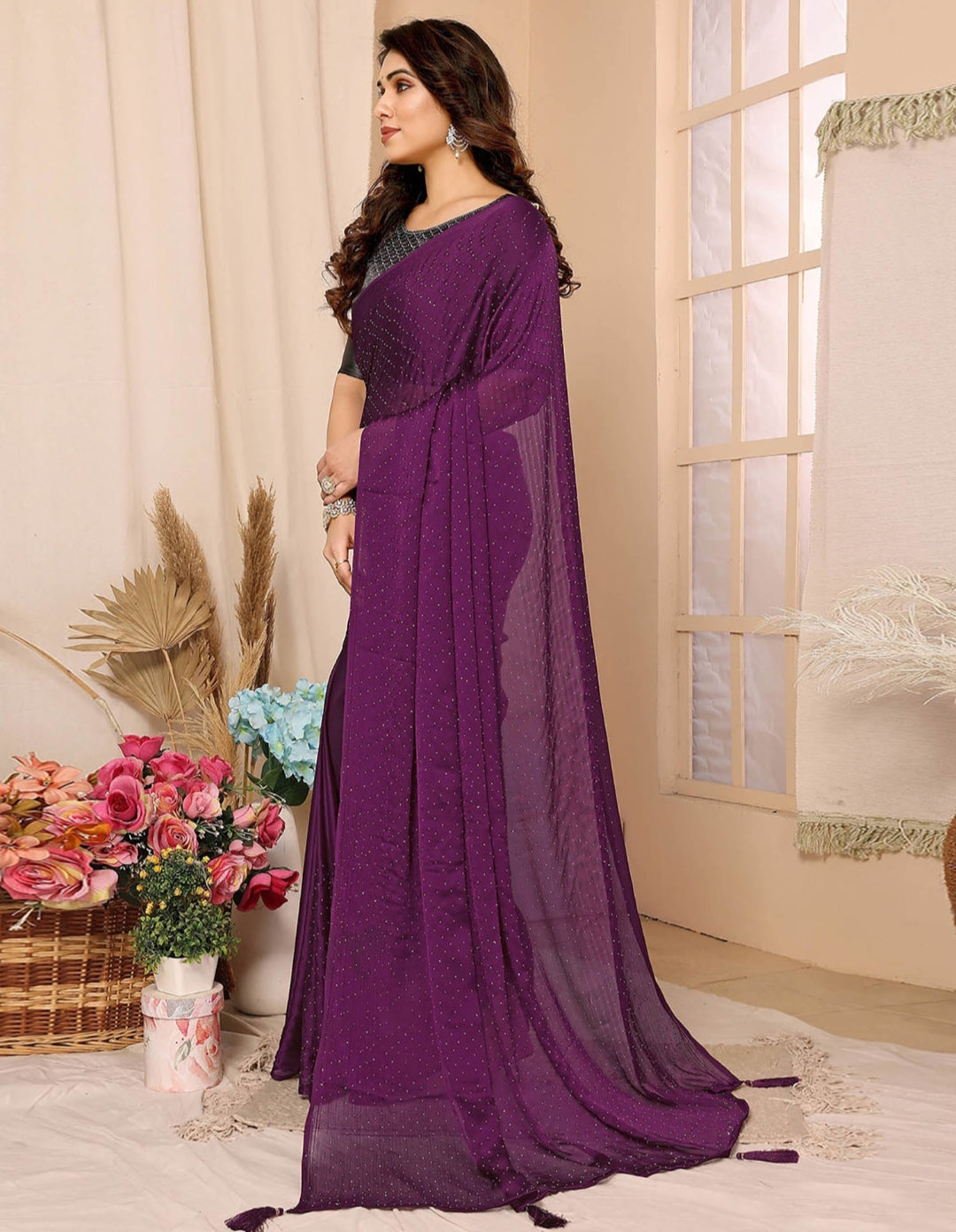 Bollywood Women's Hot Fixing Poly Satin Saree (Black) Saree with Unstitched PARTYWEAR SAREE