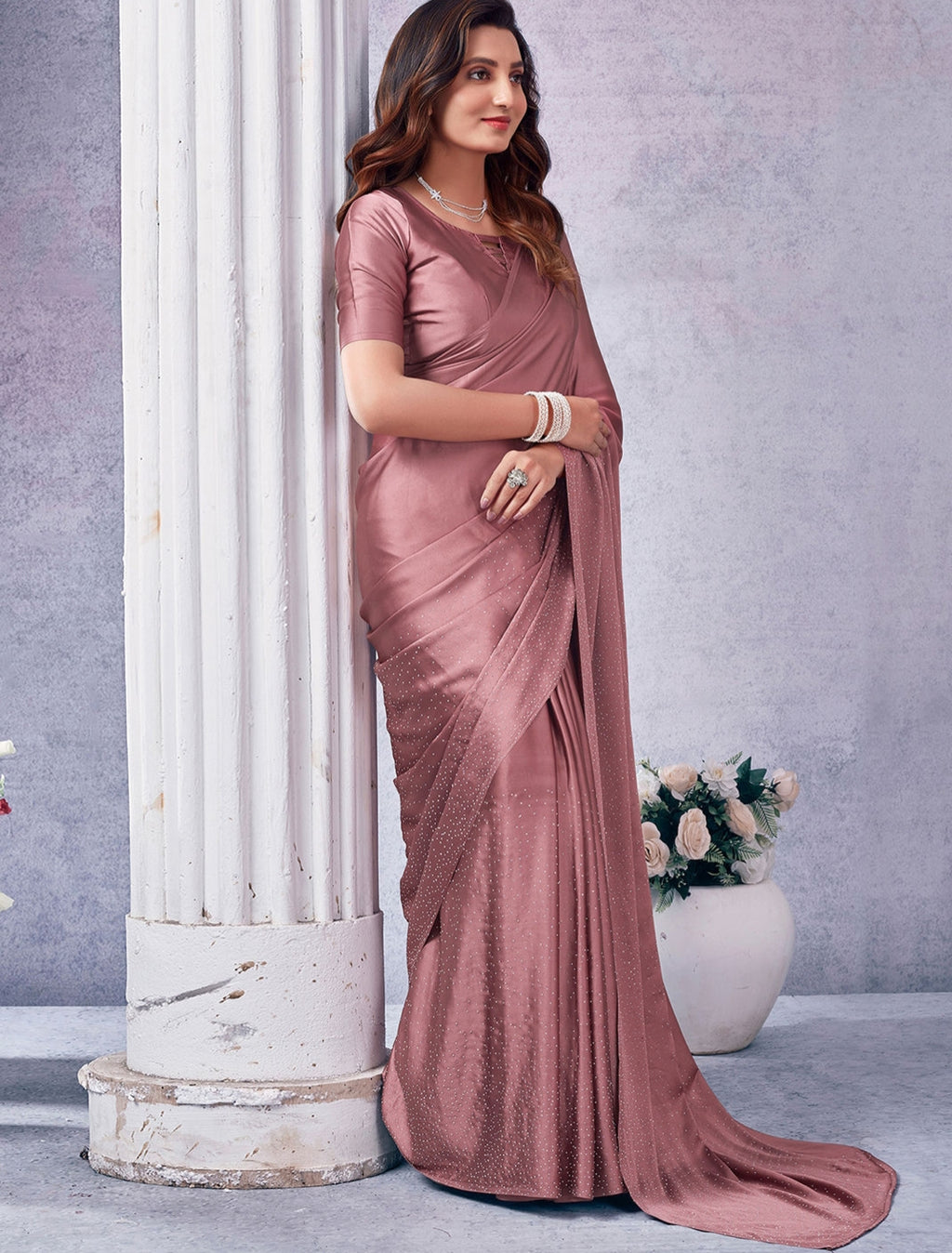 Women's Heavy Satin silk Nevy Blue Colors Siroski work Saree with Unstitched Blouse Piece