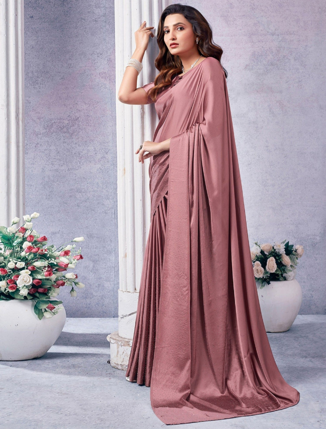 Women's Heavy Satin silk Nevy Blue Colors Siroski work Saree with Unstitched Blouse Piece