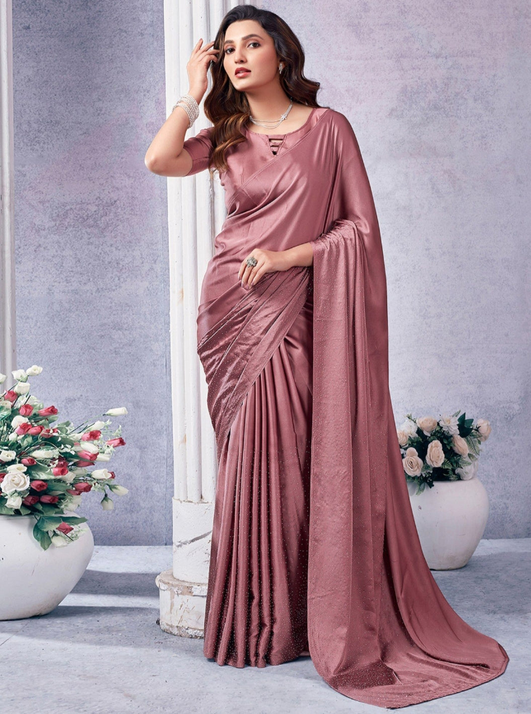 Women's Heavy Satin silk Nevy Blue Colors Siroski work Saree with Unstitched Blouse Piece
