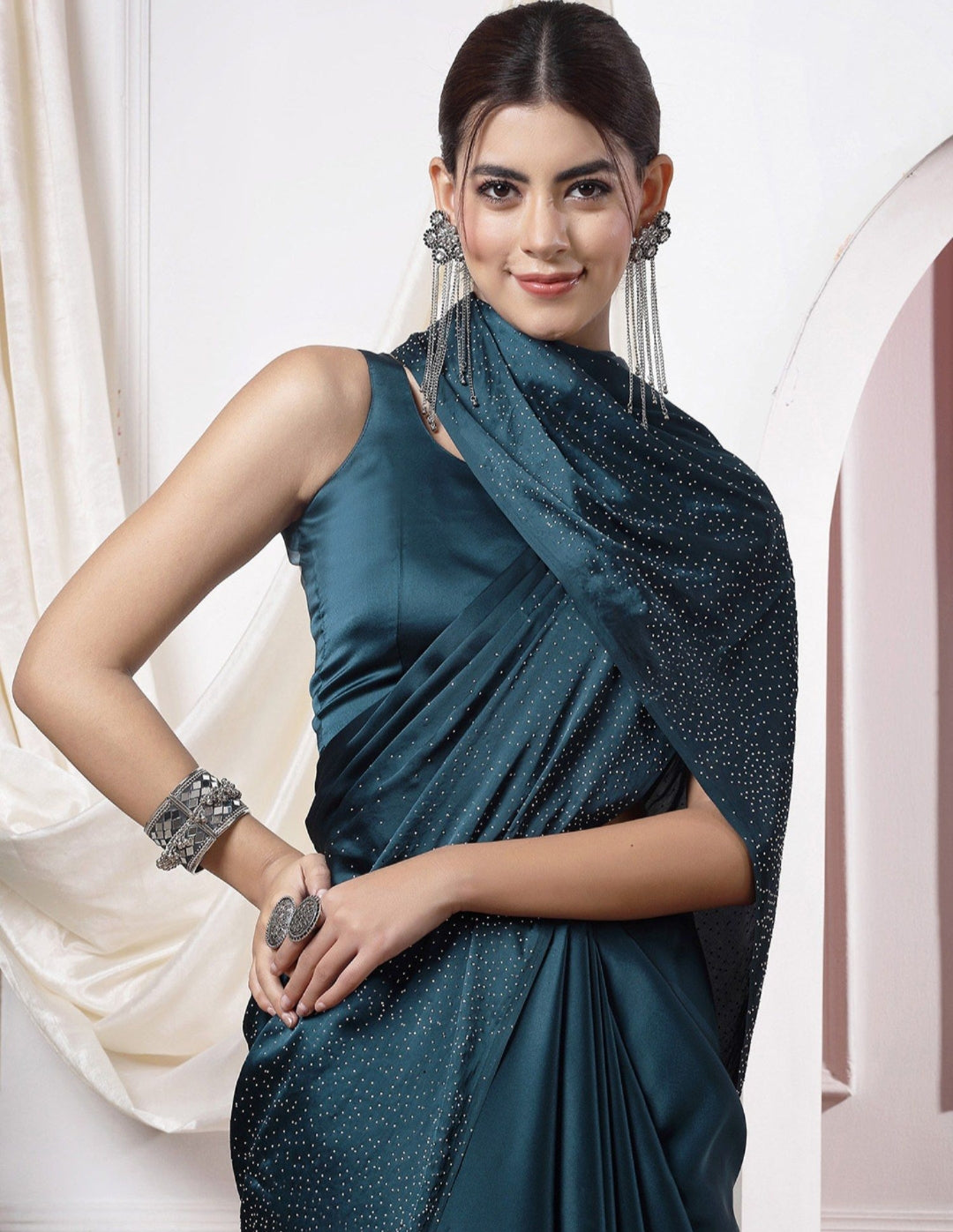 Women's Heavy Satin silk Nevy Blue Colors Siroski work Saree with Unstitched Blouse Piece