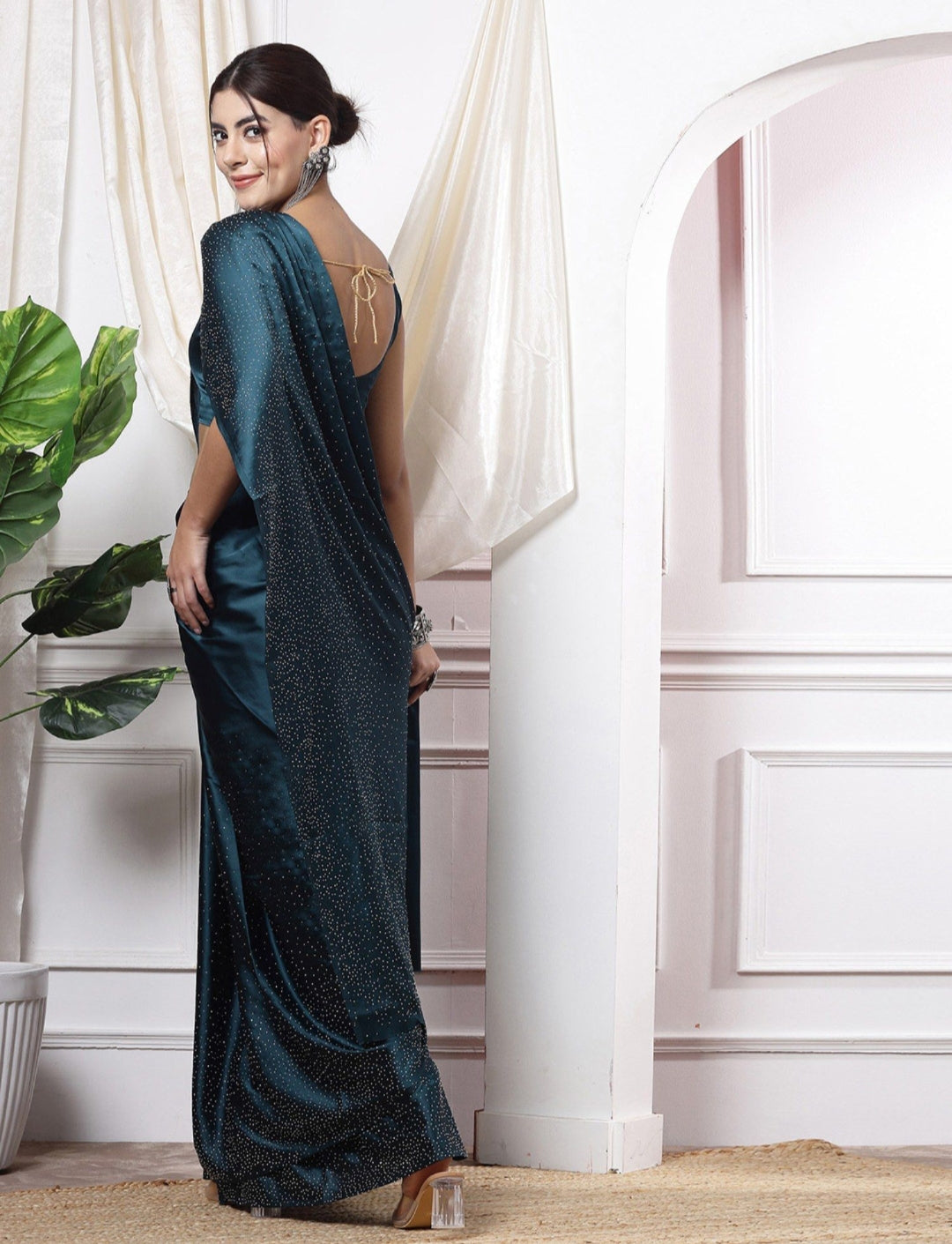 Women's Heavy Satin silk Nevy Blue Colors Siroski work Saree with Unstitched Blouse Piece