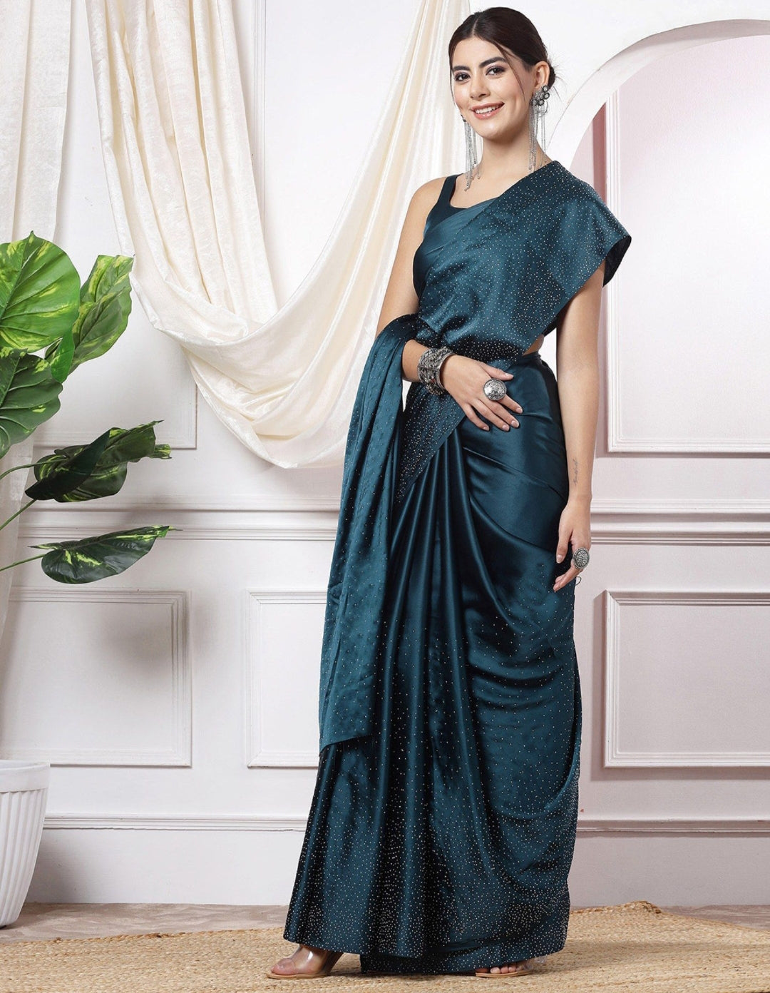 Women's Heavy Satin silk Nevy Blue Colors Siroski work Saree with Unstitched Blouse Piece
