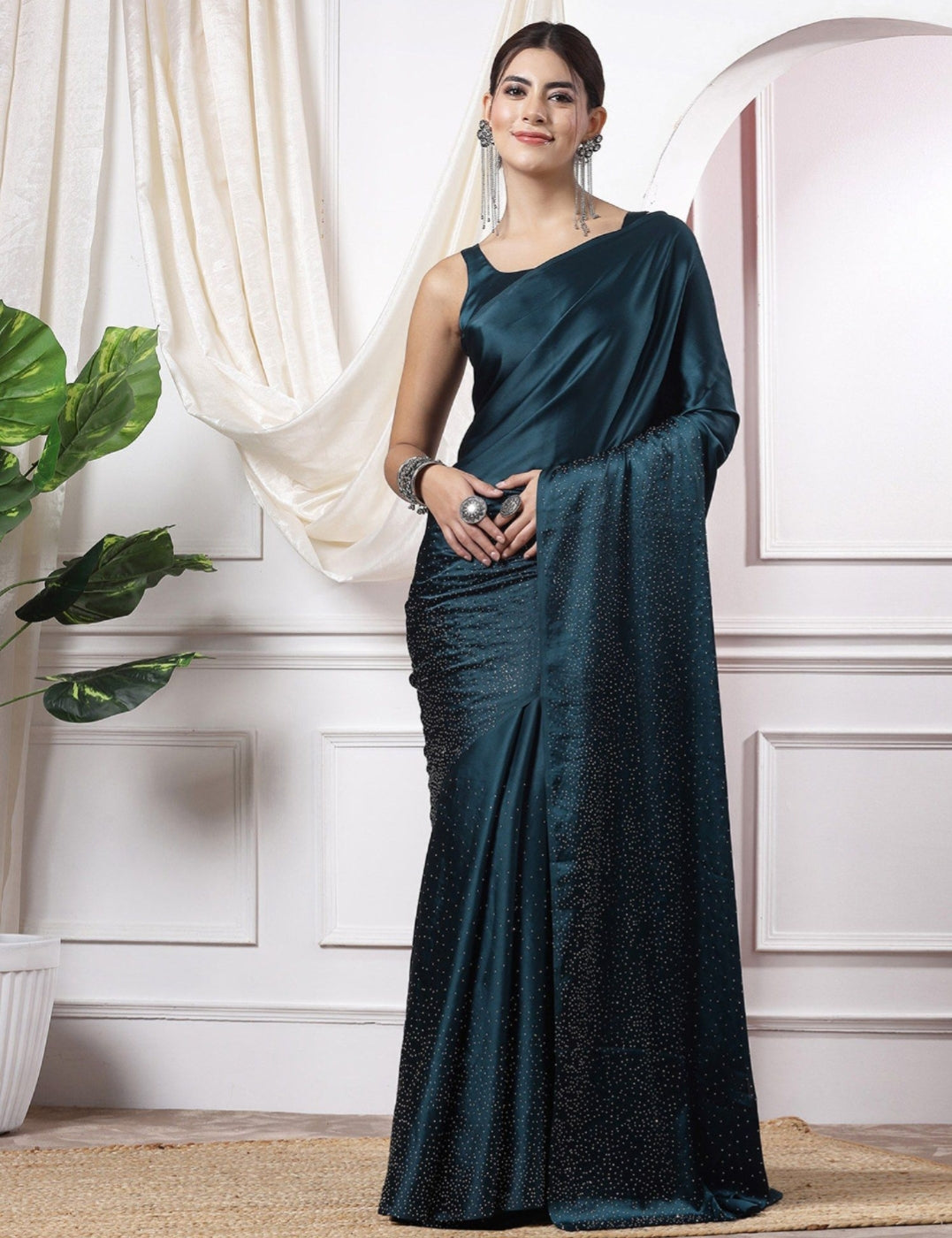 Women's Heavy Satin silk Nevy Blue Colors Siroski work Saree with Unstitched Blouse Piece