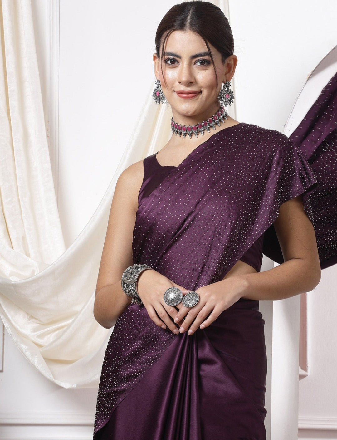Women's Heavy Satin silk Nevy Blue Colors Siroski work Saree with Unstitched Blouse Piece
