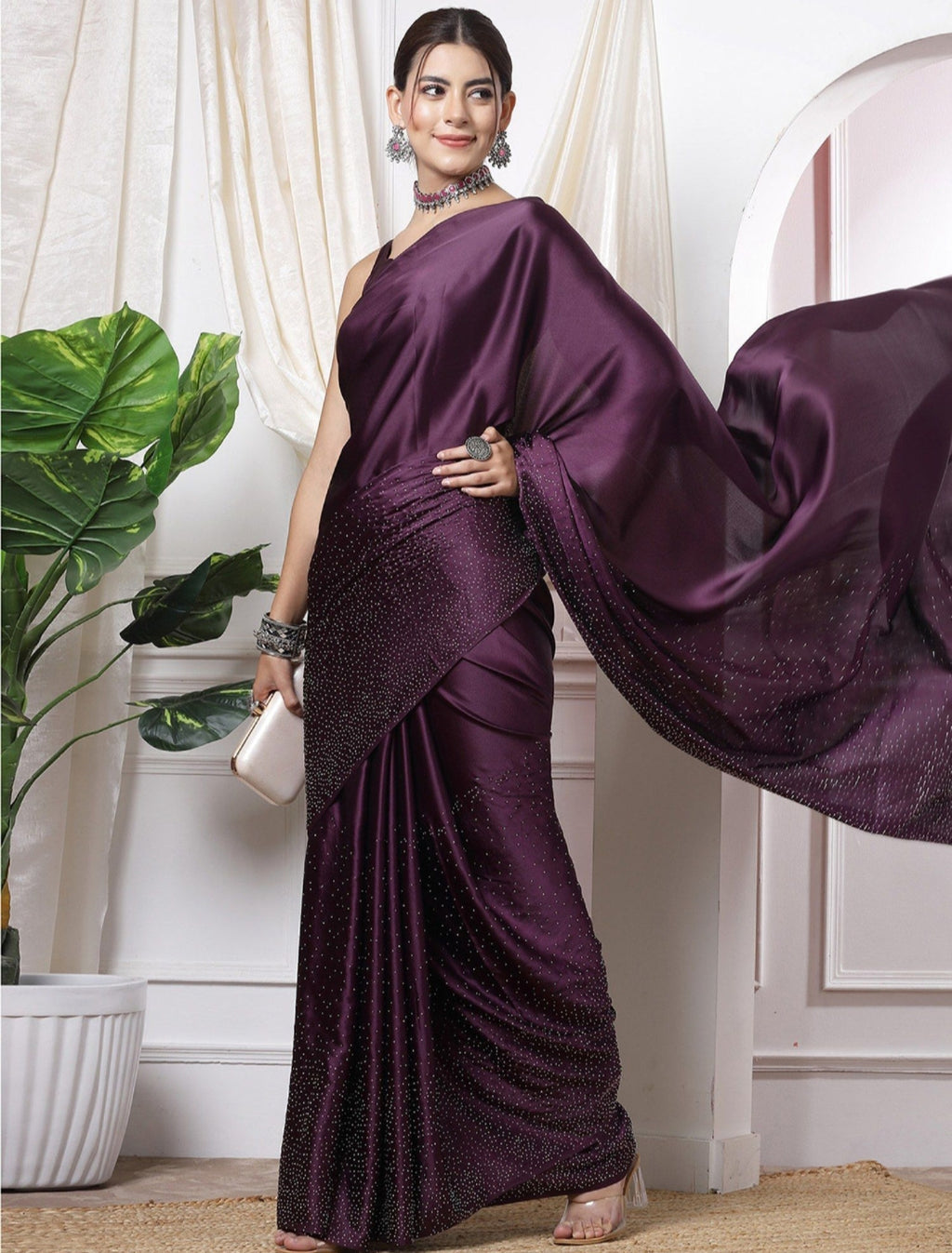 Women's Heavy Satin silk Nevy Blue Colors Siroski work Saree with Unstitched Blouse Piece