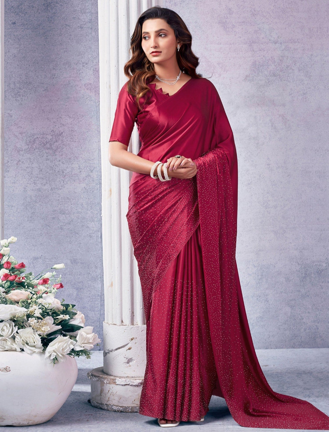 Women's Heavy Satin silk Nevy Blue Colors Siroski work Saree with Unstitched Blouse Piece