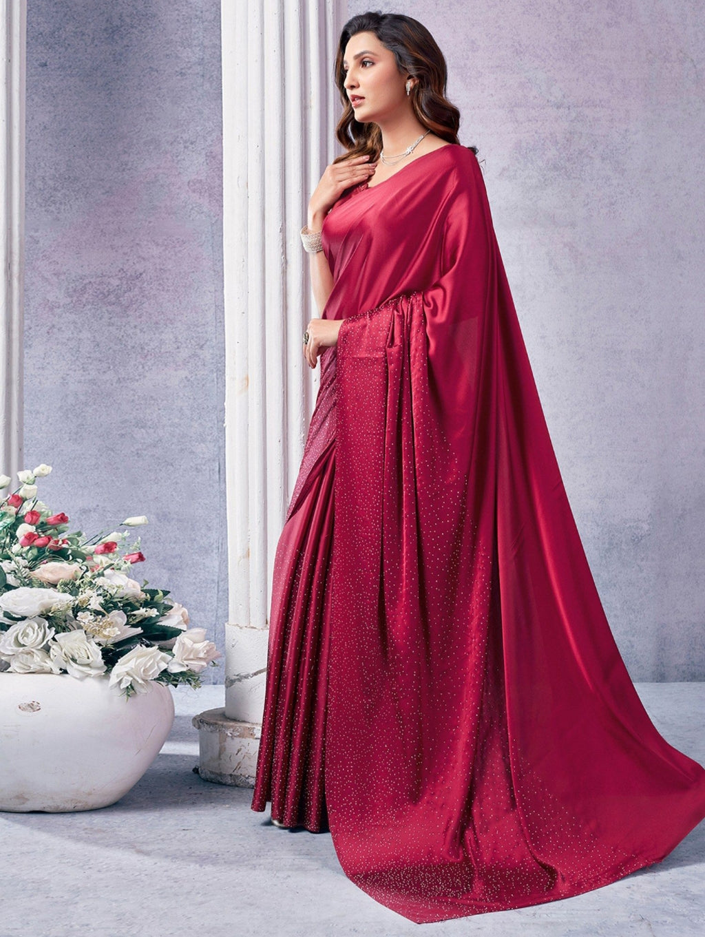 Women's Heavy Satin silk Nevy Blue Colors Siroski work Saree with Unstitched Blouse Piece