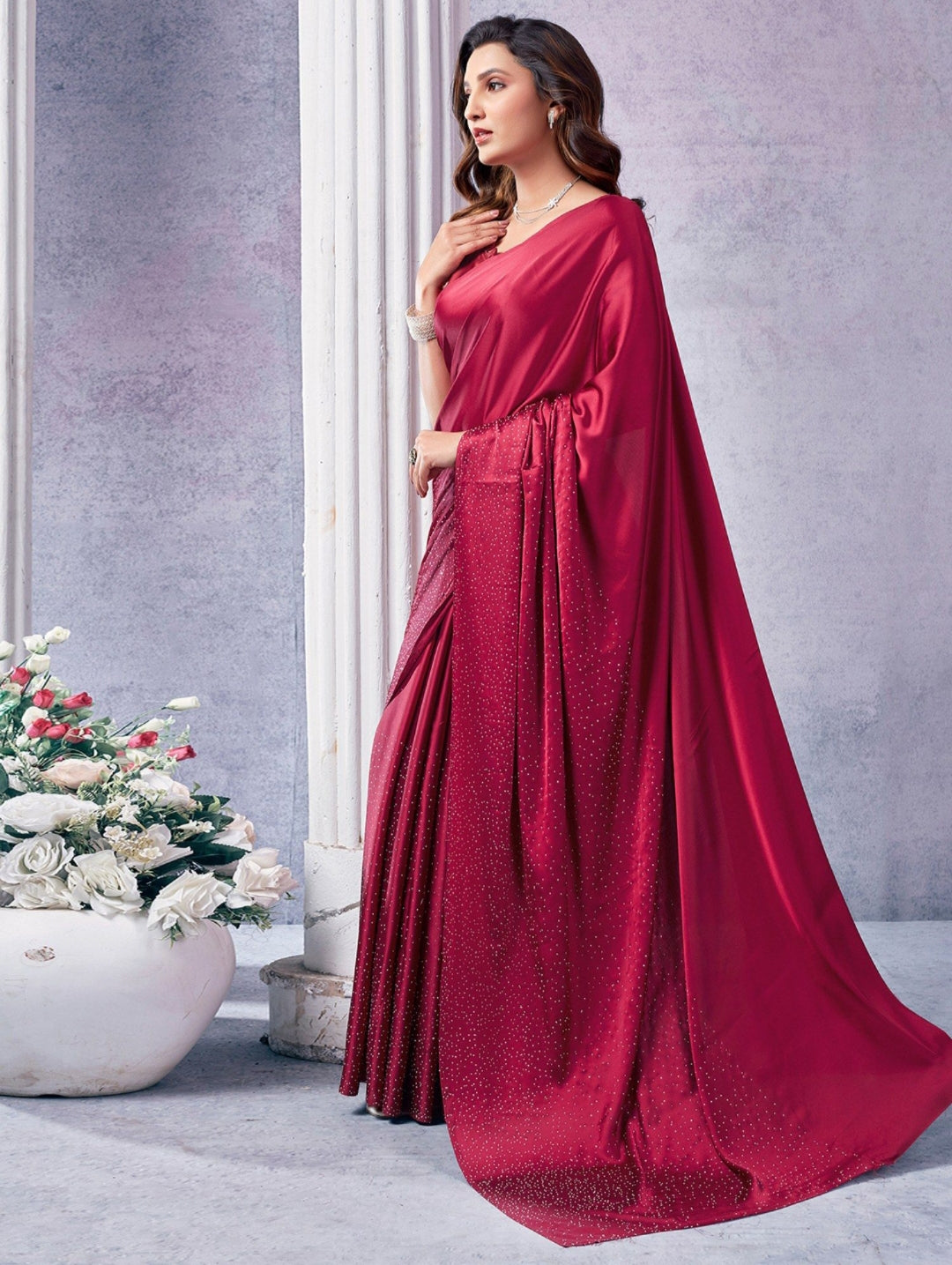 Women's Heavy Satin silk Nevy Blue Colors Siroski work Saree with Unstitched Blouse Piece