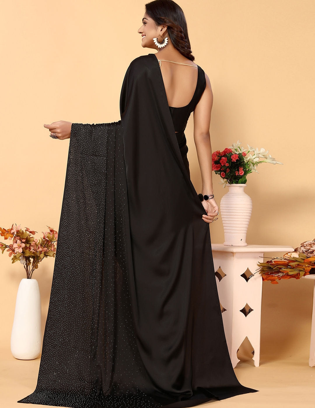 Black colours Women's Heavy Satin silk Nevy Blue Colors Siroski work Saree with Unstitched Blouse Piece