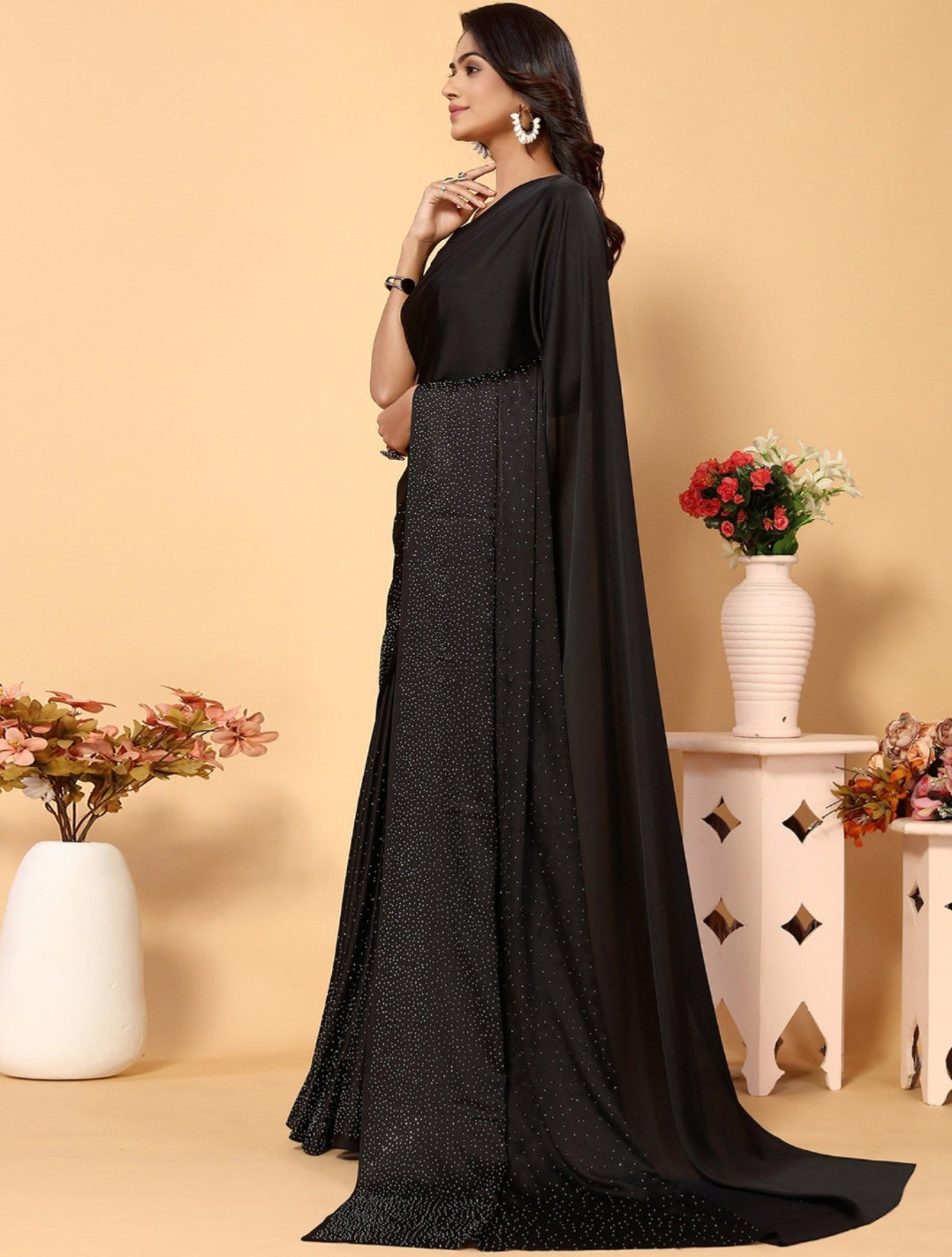 Black colours Women's Heavy Satin silk Nevy Blue Colors Siroski work Saree with Unstitched Blouse Piece