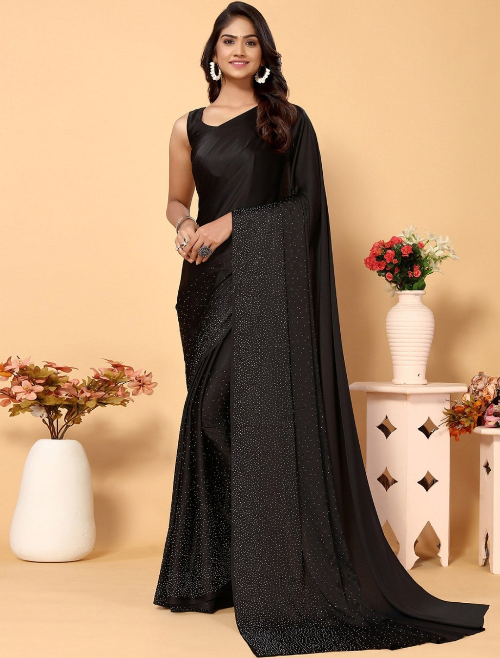 Black colours Women's Heavy Satin silk Nevy Blue Colors Siroski work Saree with Unstitched Blouse Piece
