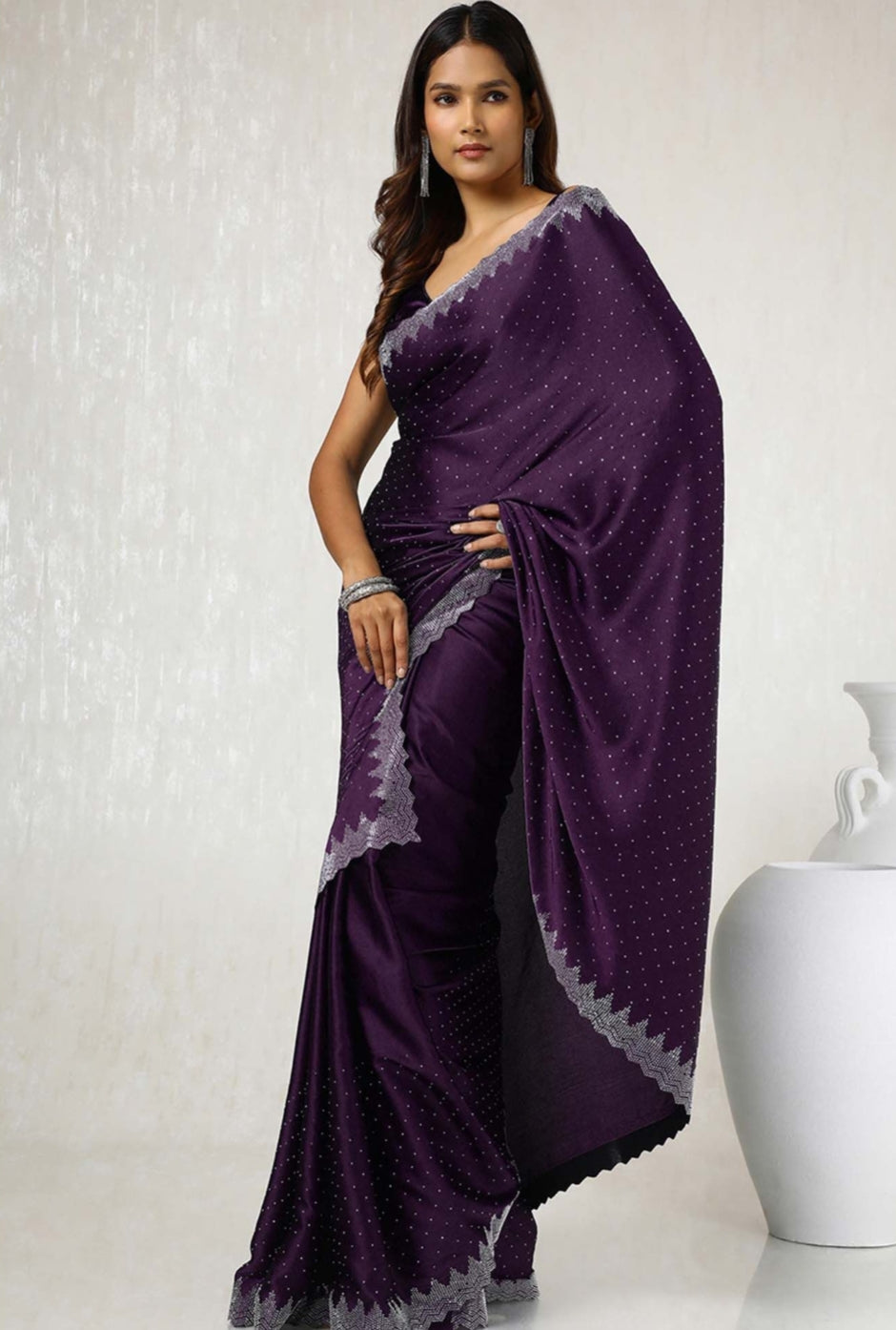 Siroski work saree with Siroski work Blouse saree Wrok Lace border SATIN Silk Saree